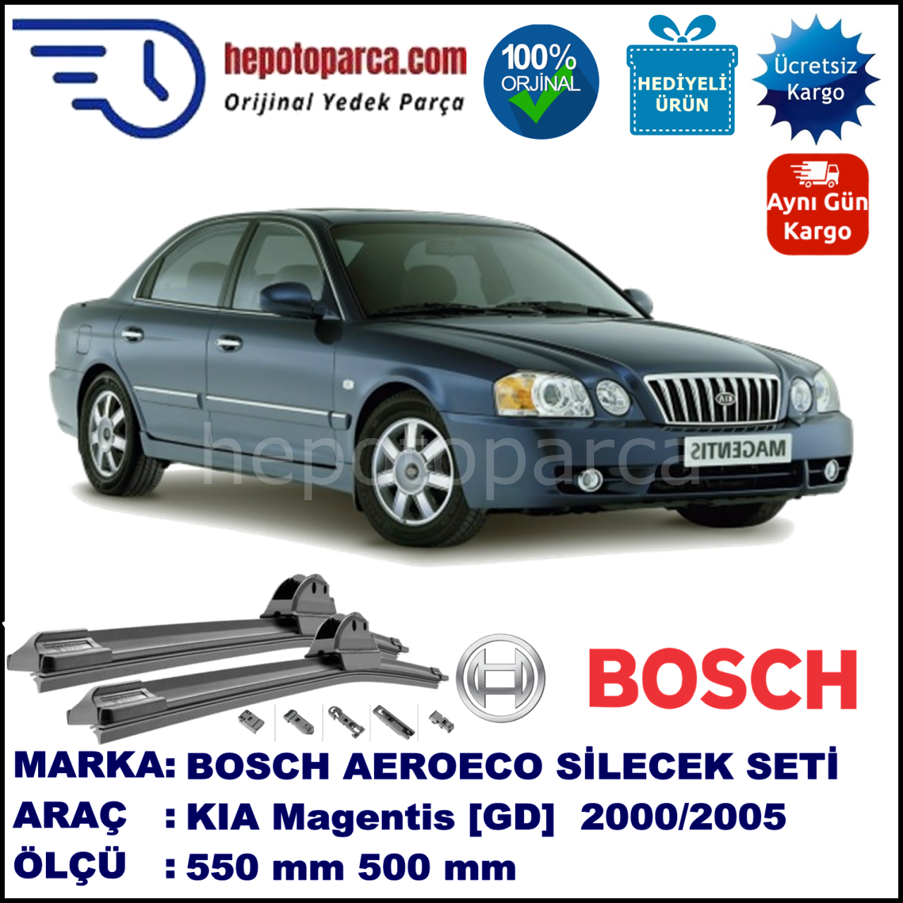 KIA Magentis [GD] 09.2000-12.2005, 550 / 500 mm. BOSCH AEROECO Aparatlı Muz Silecek