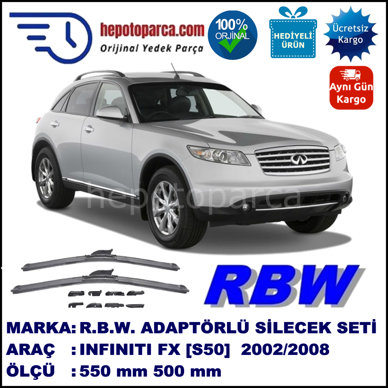 INFINITI FX [S50] 11.2002-08.2008, 550 / 500 mm.  RBW  ADAPTÖRLÜ MUZ SİLECEK SETİ