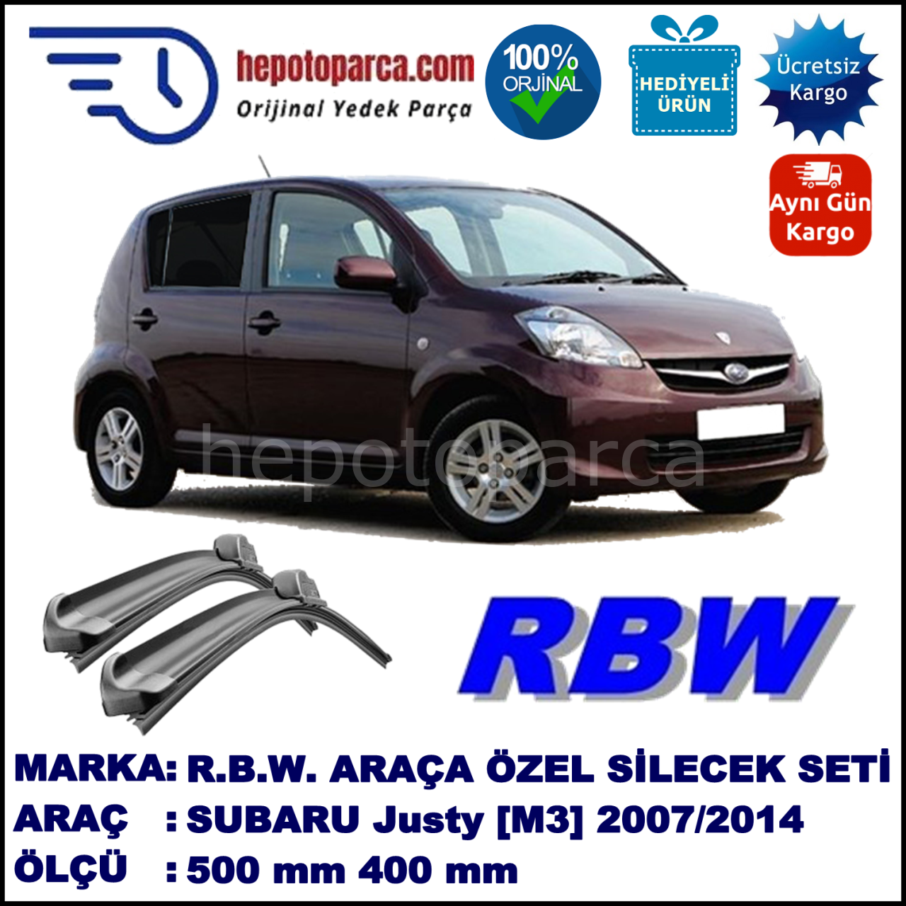 SUBARU Justy [M3] 09.07-12.10 500 / 400 mm. RBW Muz Silecek Seti  2'li Takım. U Kanca Uyumludur.