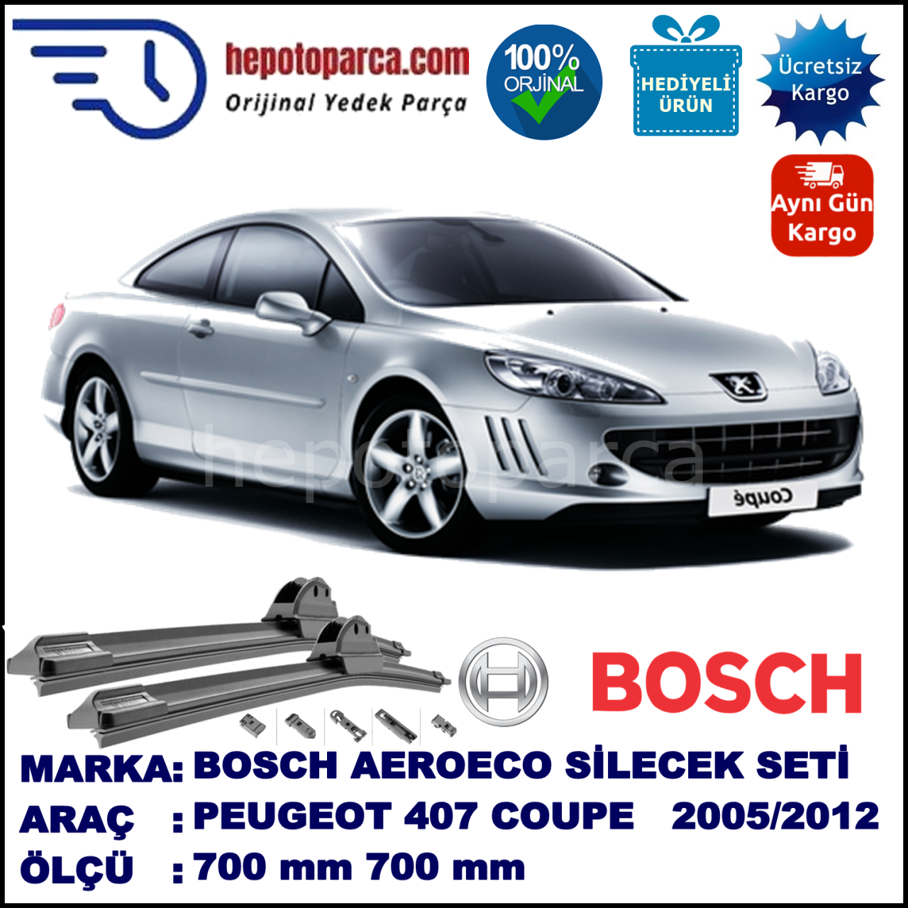 PEUGEOT 407 Coupé [D2] 10.2005-..., 700 / 700 mm. BOSCH AEROECO Aparatlı Muz Silecek