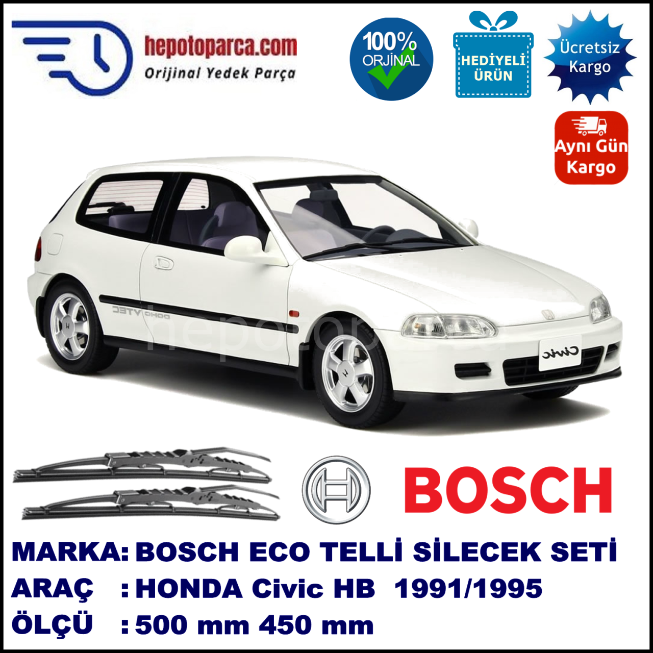 HONDA Civic Hatchback [EG/EH] 10.91-09.95 500 / 450 mm. BOSCH ECO Telli Silecek 2'li Takım