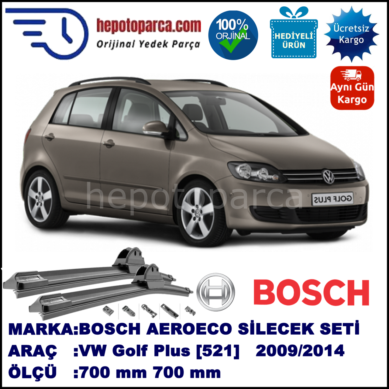 VW Golf Plus [521] 01.2009-..., 700 / 700 mm. BOSCH AEROECO Aparatlı Muz Silecek
