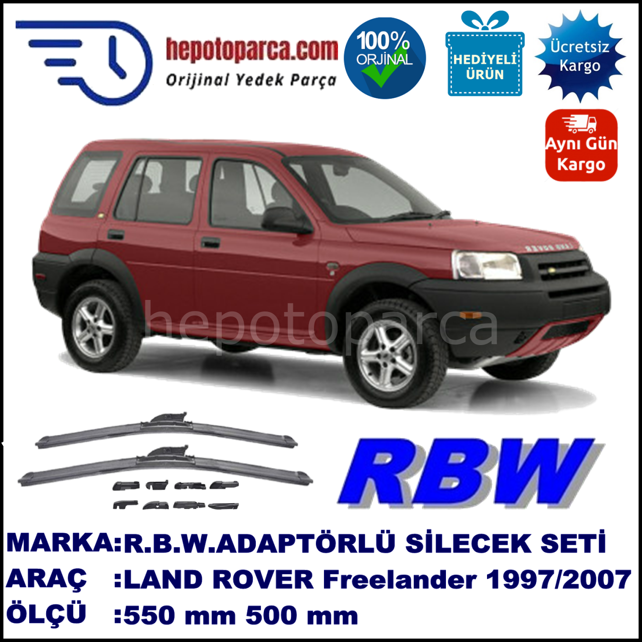 LAND ROVER  Freelander I [LN] 09.1997-03.2007, 550 / 500 mm.  RBW  ADAPTÖRLÜ MUZ SİLECEK SETİ
