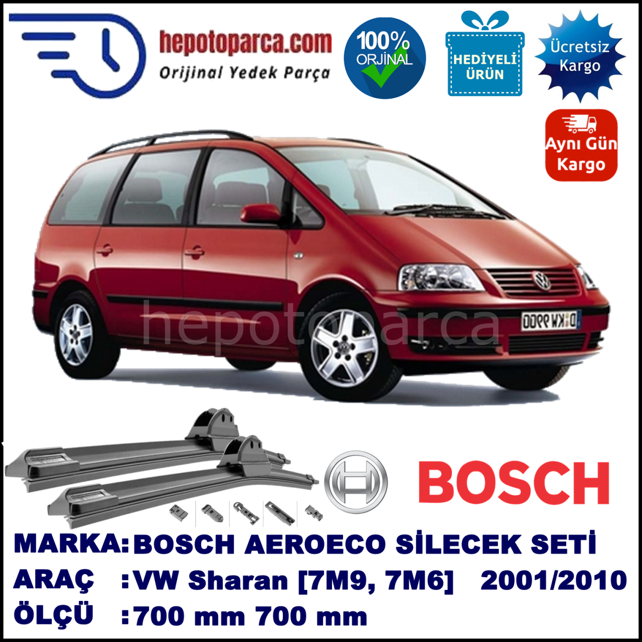 VW Sharan [7M9, 7M6] 06.2001-03.2010, 700 / 700 mm. BOSCH AEROECO Aparatlı Muz Silecek