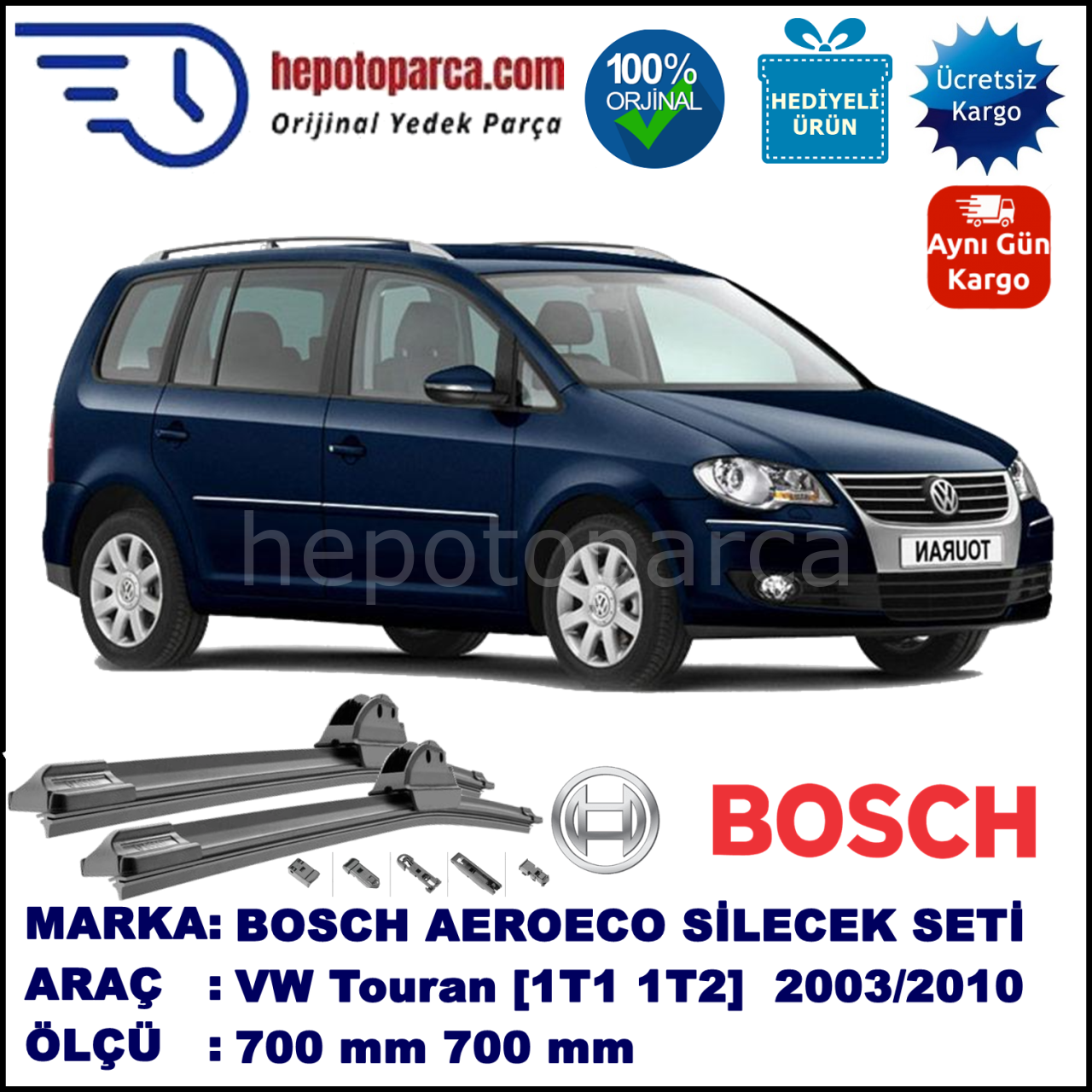 VW Touran [1T1, 1T2] 02.2003-05.2010, 700 / 700 mm. BOSCH AEROECO Aparatlı Muz Silecek