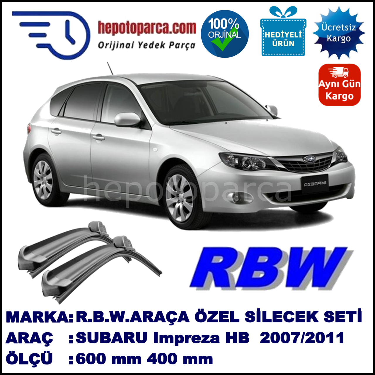 SUBARU Impreza  [G12/G22] 06.07-12.11 600 / 400 mm. RBW Muz Silecek Seti  2'li Takım. U Kanca Uyumludur.