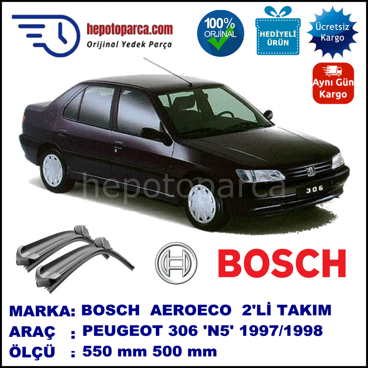 PEUGEOT 306 [N5] 05.1997-12.1998, 550 / 500 mm. BOSCH AEROECO Aparatlı Muz Silecek