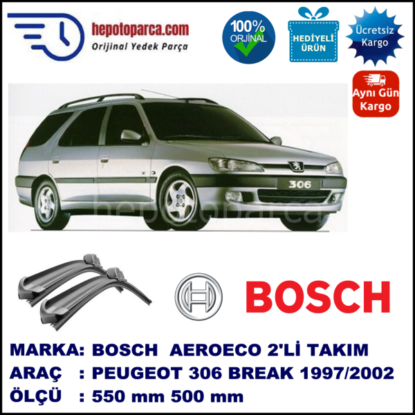 PEUGEOT 306 Break [N5] 05.1997-03.2002, 550 / 500 mm. BOSCH AEROECO Aparatlı Muz Silecek