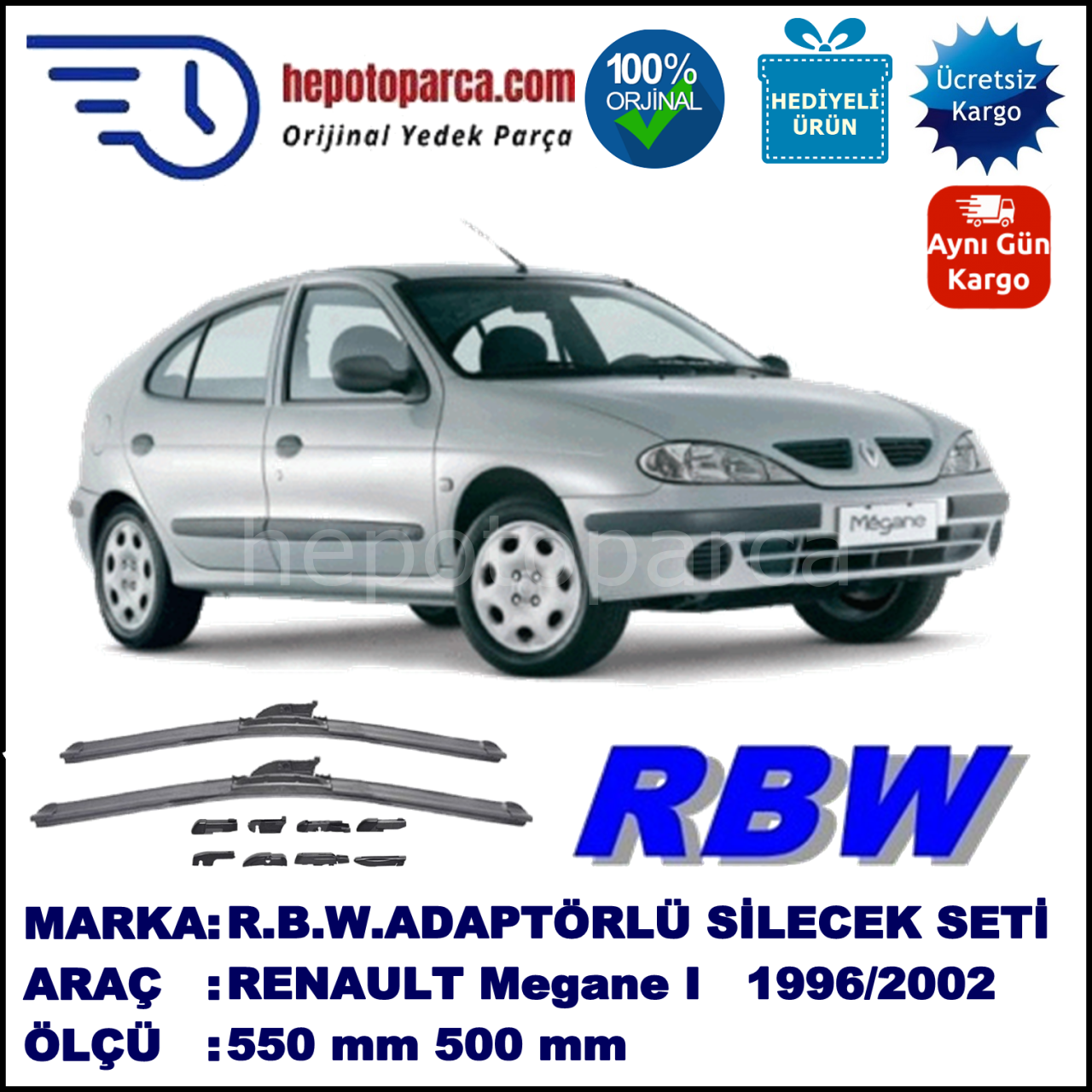 RENAULT Megane I [X64] 01.1996-10.2002, 550 / 500 mm.  RBW  ADAPTÖRLÜ MUZ SİLECEK SETİ