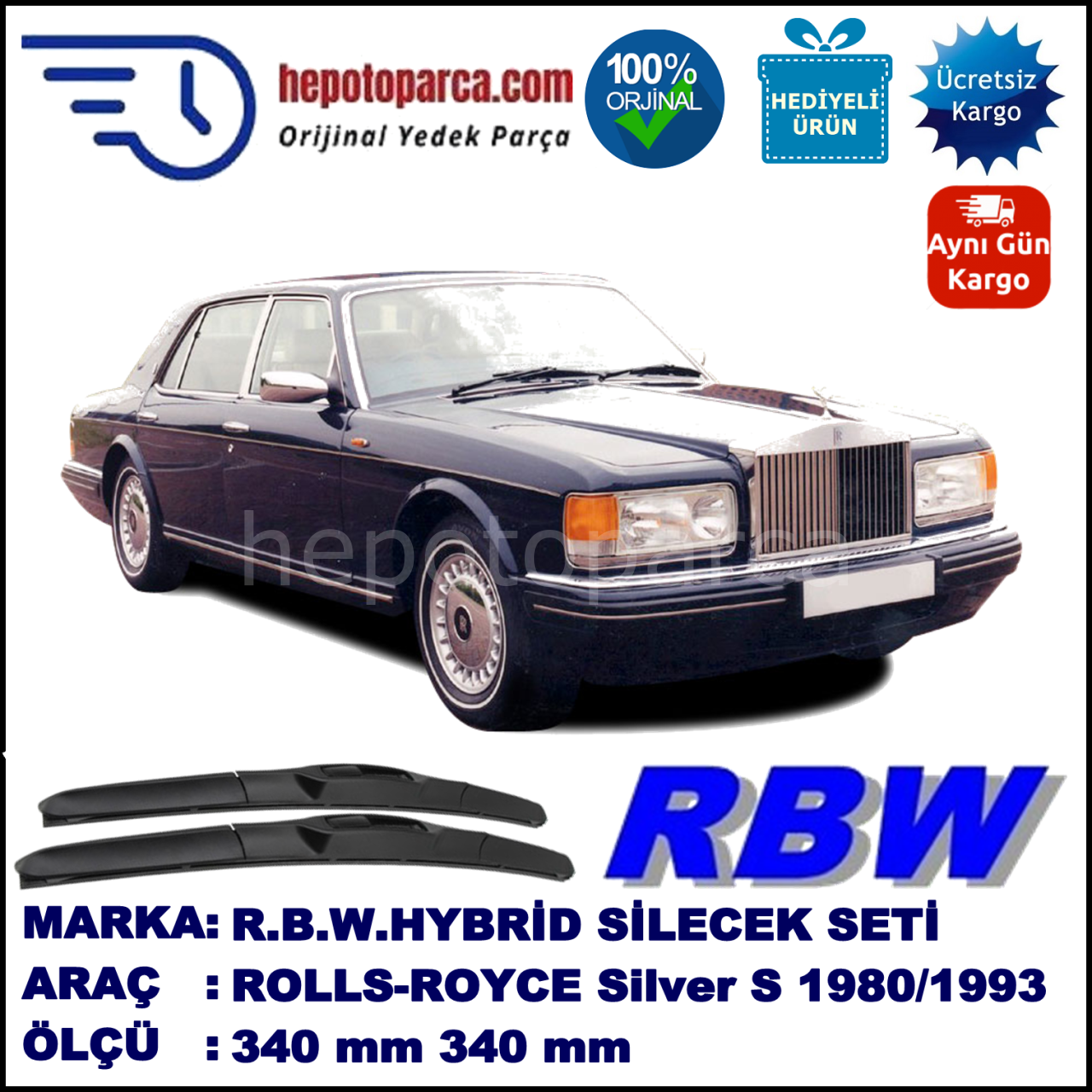 ROLLS-ROYCE Silver Spur  10.80-03.93 340 / 340 mm. RBW Hybrid Silecek Seti. U Kanca Uyumlu Hibrit