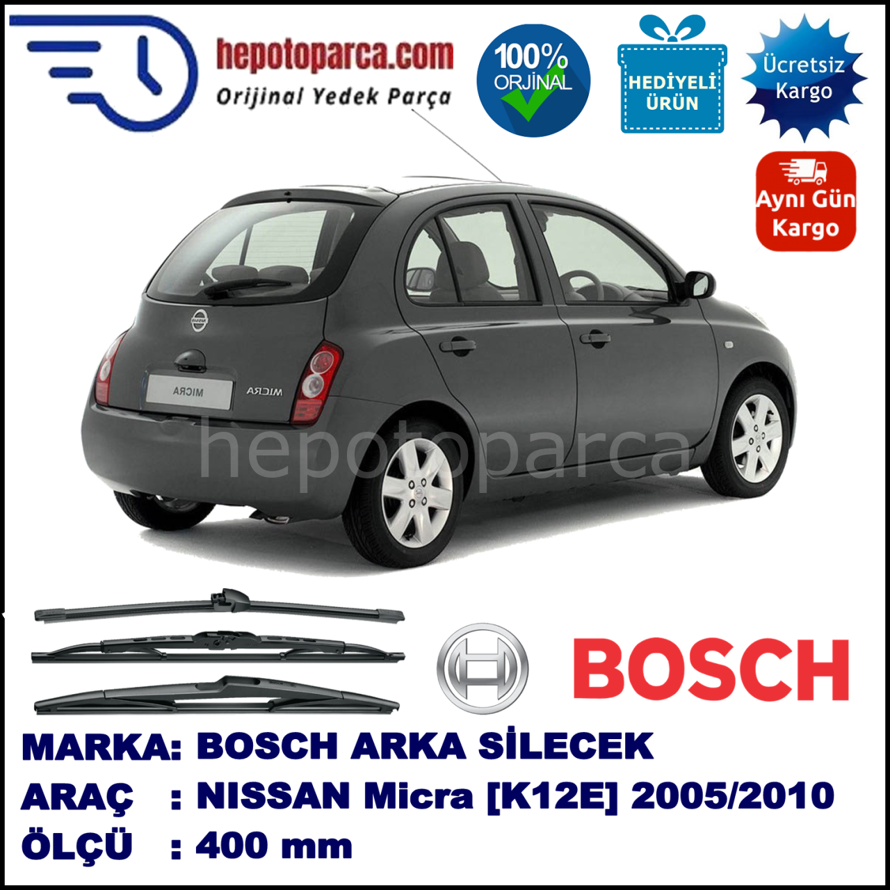 NISSAN Micra [K12E] 400 mm 06.2005-10.2010 BOSCH Arka Silecek