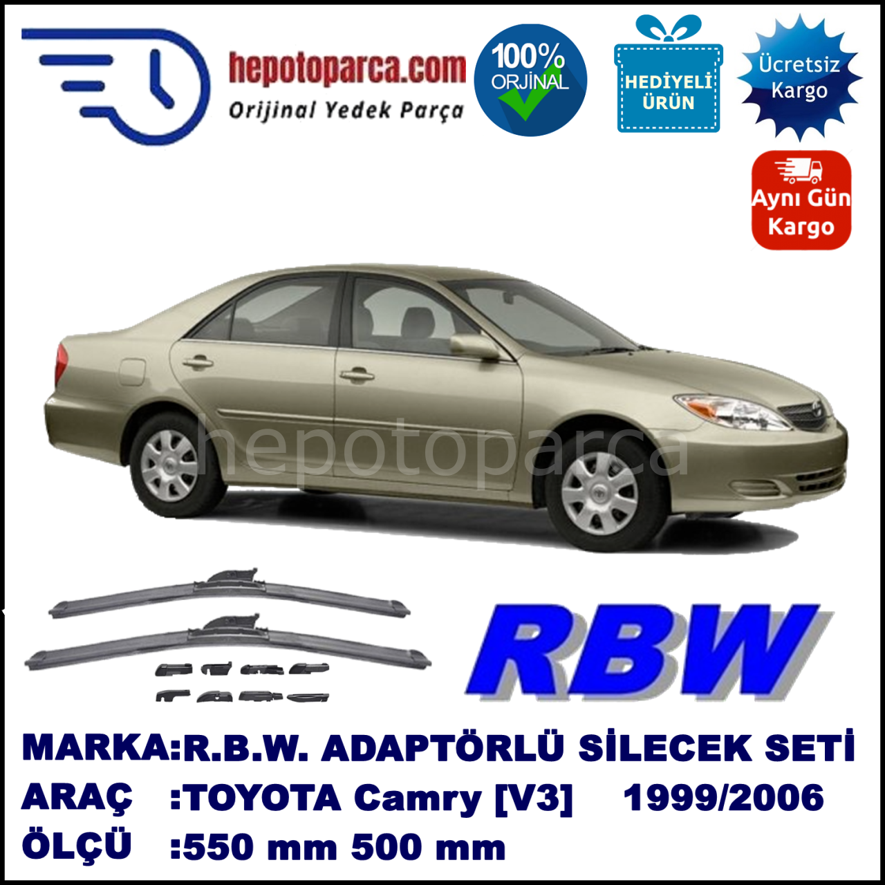 TOYOTA Camry [V3] 08.1999-01.2006, 550 / 500 mm.  RBW  ADAPTÖRLÜ MUZ SİLECEK SETİ