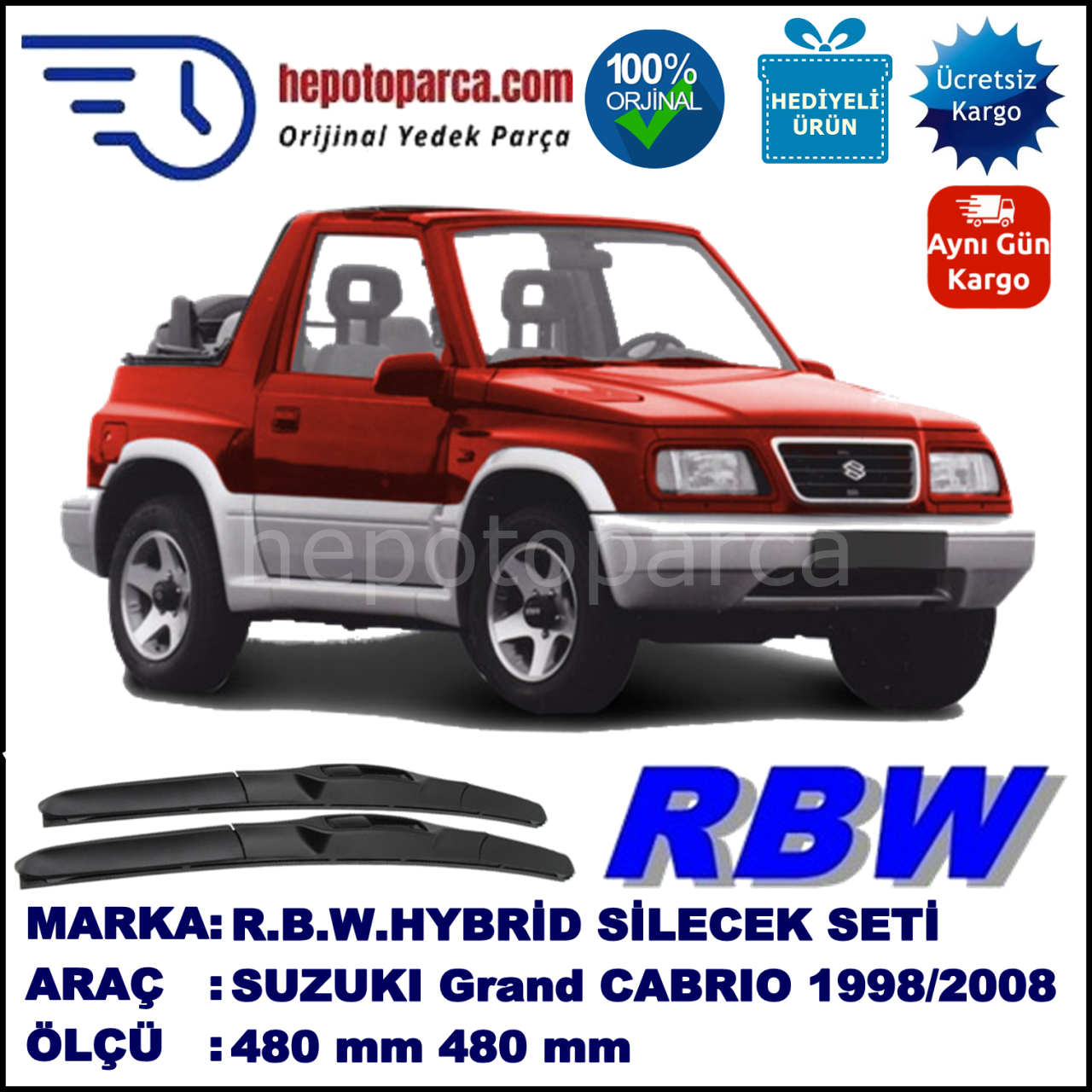 SUZUKI Grand Vitara Cabrio  03.98-03.08 480 / 480 mm. RBW Muz Silecek Seti  2'li Takım. U Kanca Uyumludur.