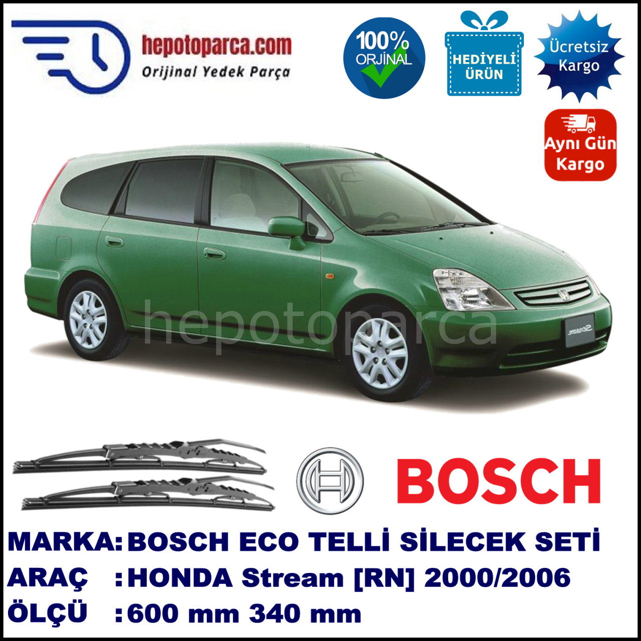 HONDA Stream [RN] 10.00-07.06 600 / 340 mm. BOSCH ECO Telli Silecek 2'li Takım