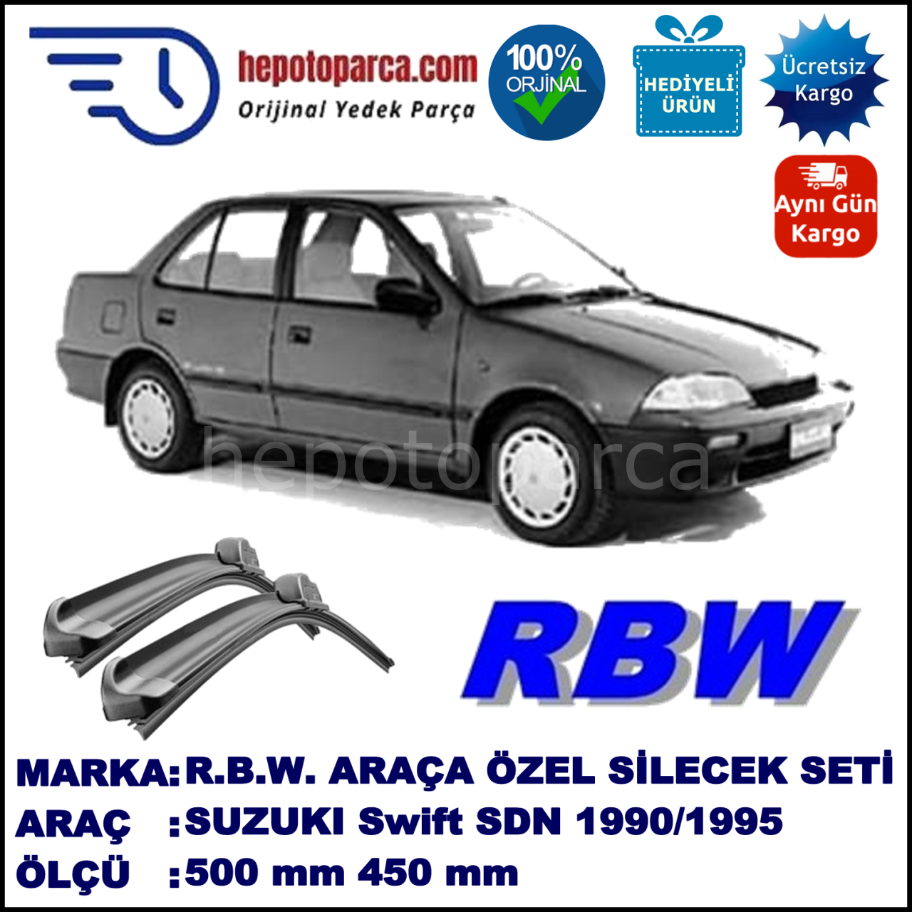 SUZUKI Swift Sedan [EA] 01.90-09.95 500 / 450 mm. RBW Muz Silecek Seti  2'li Takım. U Kanca Uyumludur.