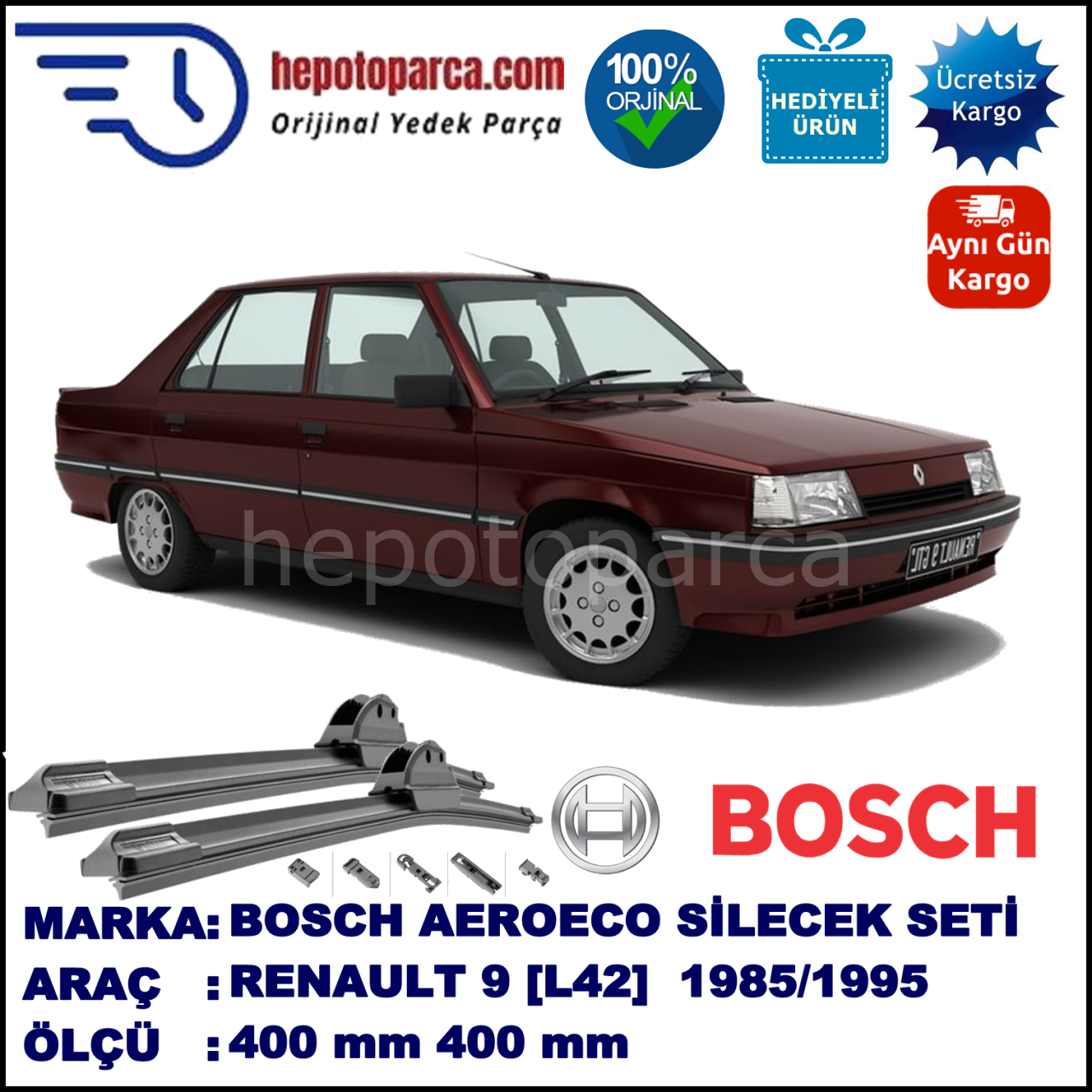 RENAULT 9 [L42] 01.1985-12.1995, 400 / 400 mm. BOSCH AEROECO Aparatlı Muz Silecek
