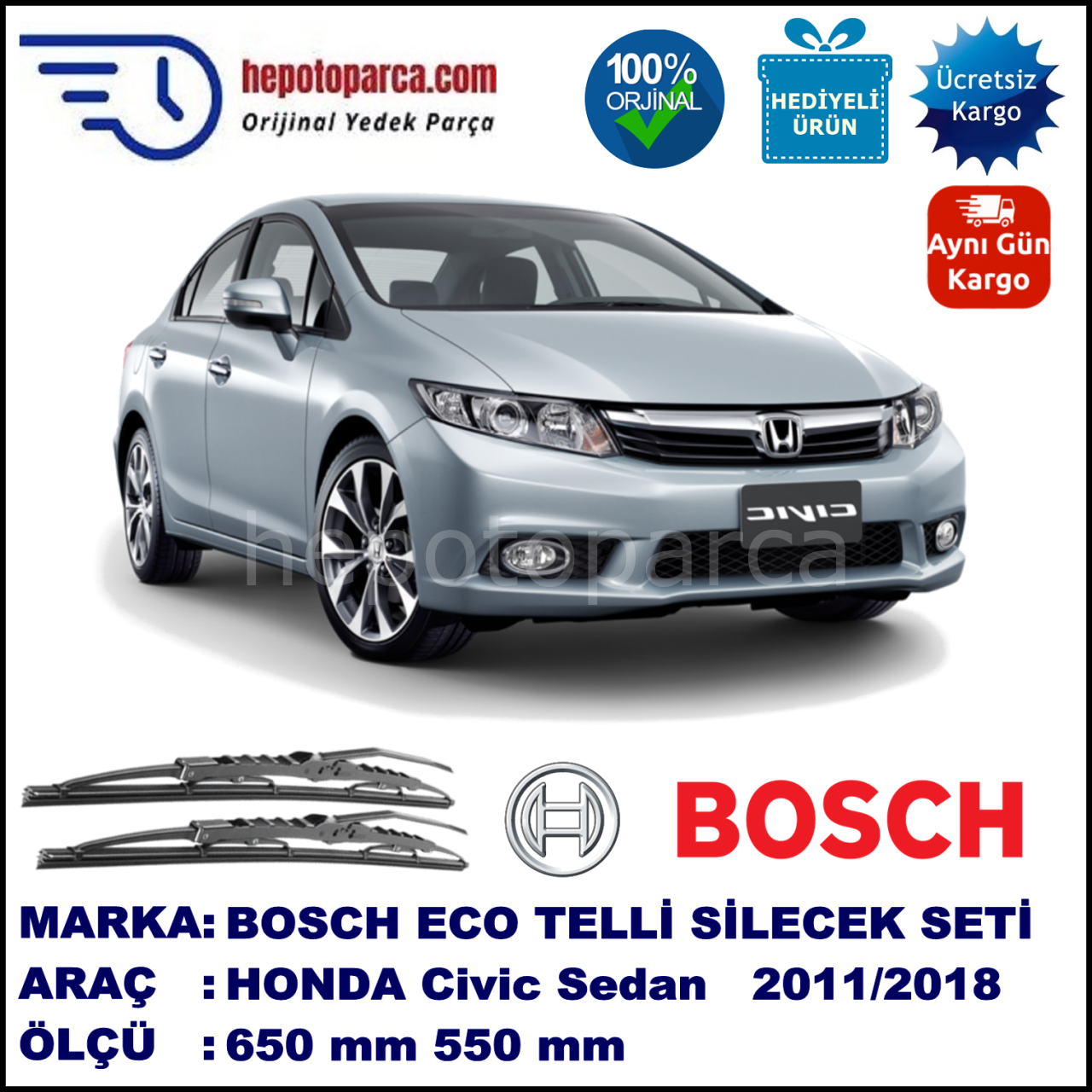 HONDA Civic Sedan [FB] 09.11-... 650 / 550 mm. BOSCH ECO Telli Silecek 2'li Takım