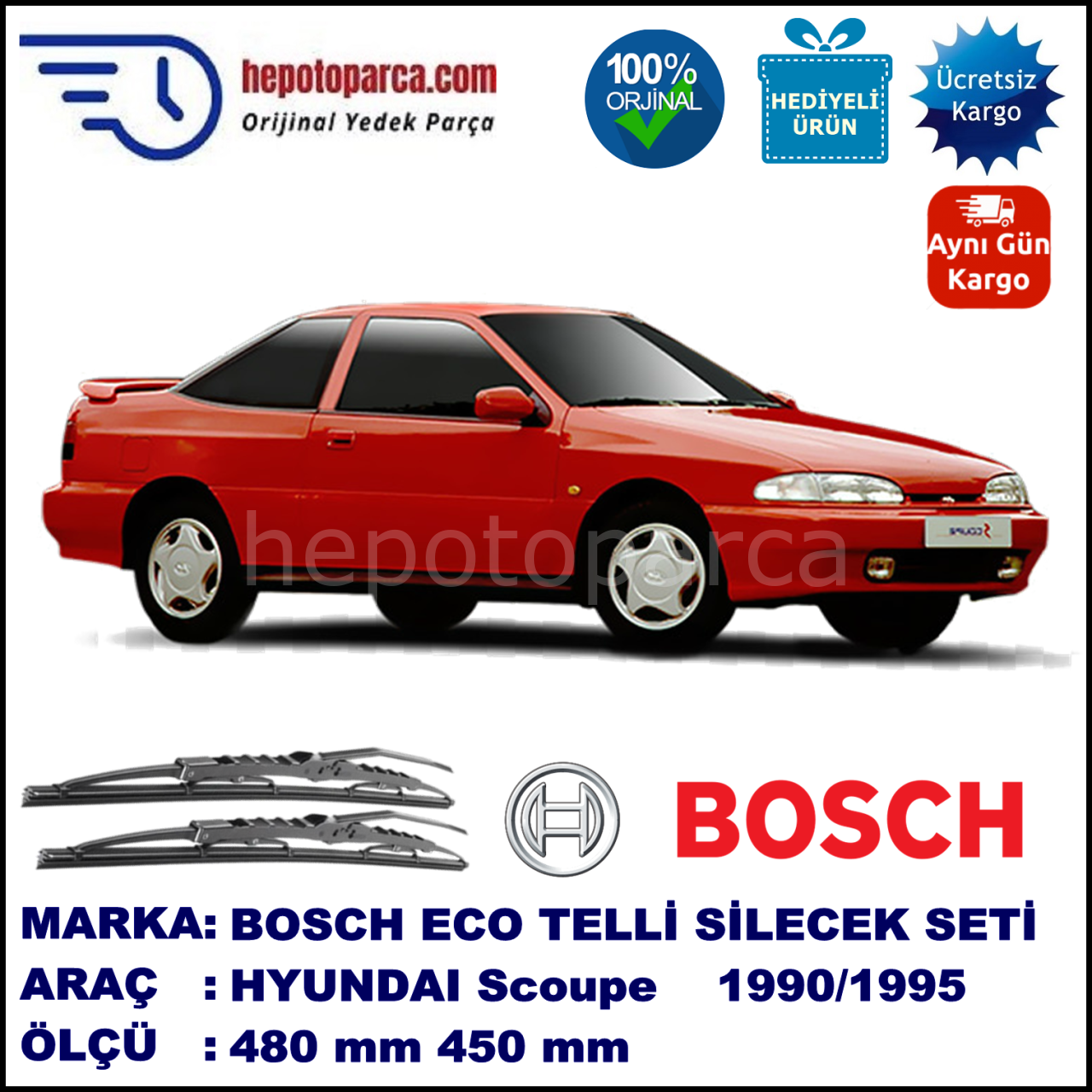 HYUNDAI Scoupe  02.90-04.95 480 / 450 mm. BOSCH ECO Telli Silecek 2'li Takım