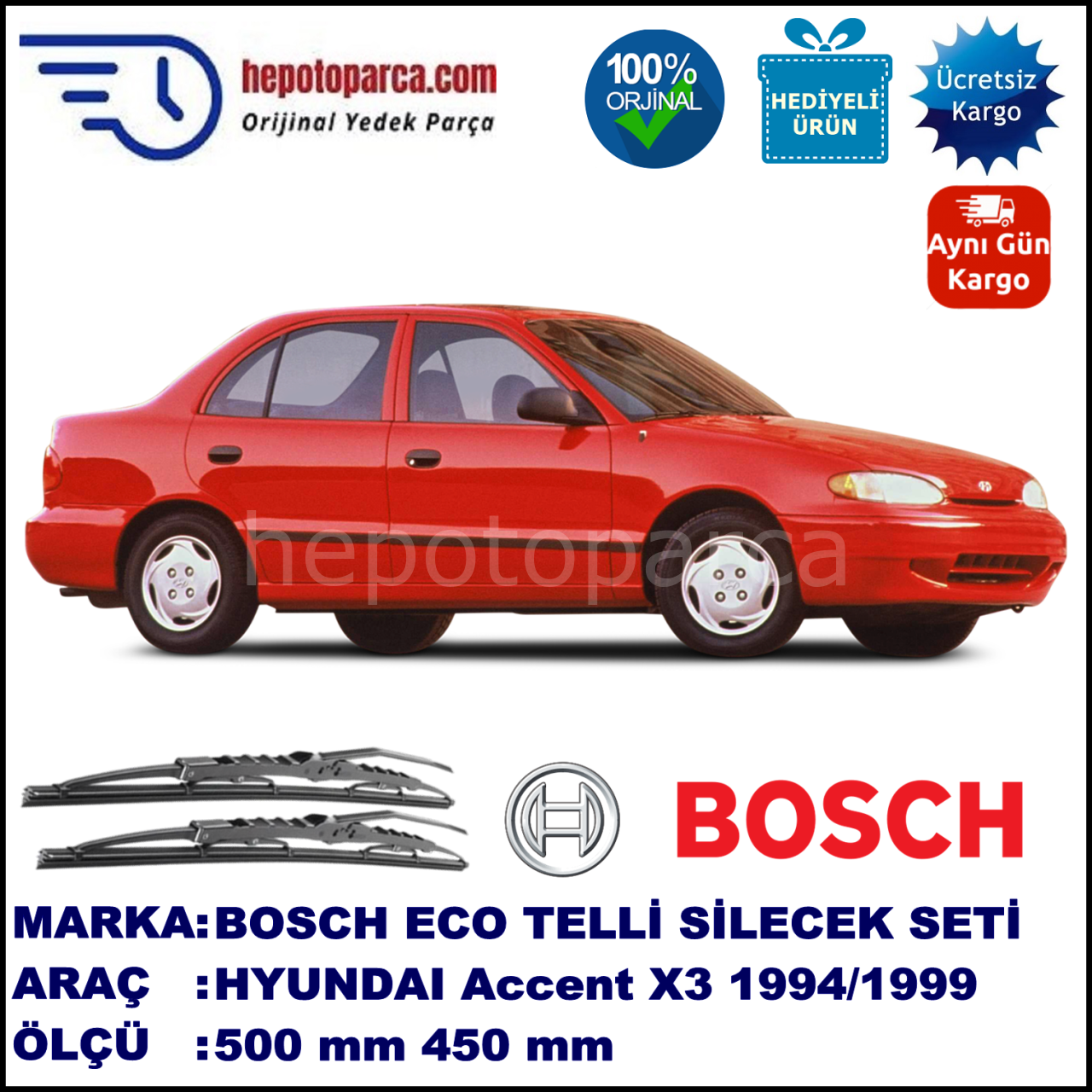 HYUNDAI Accent [X3] 07.94-07.99 500 / 450 mm. BOSCH ECO Telli Silecek 2'li Takım