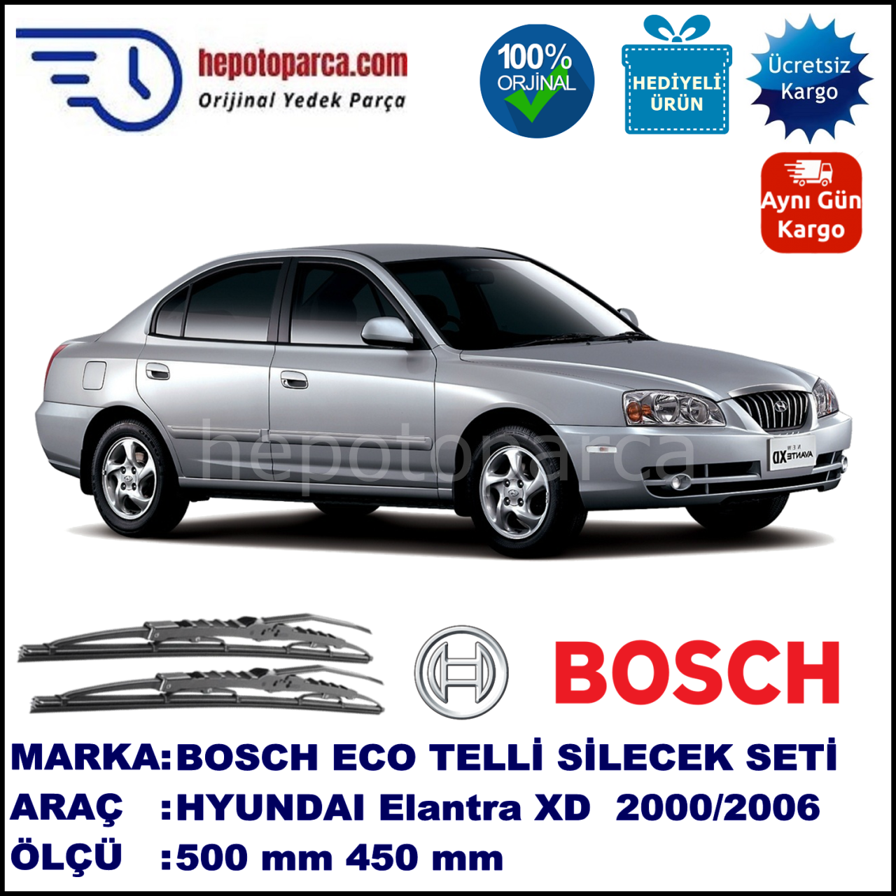 HYUNDAI Elantra [XD] 06.00-09.06 500 / 450 mm. BOSCH ECO Telli Silecek 2'li Takım