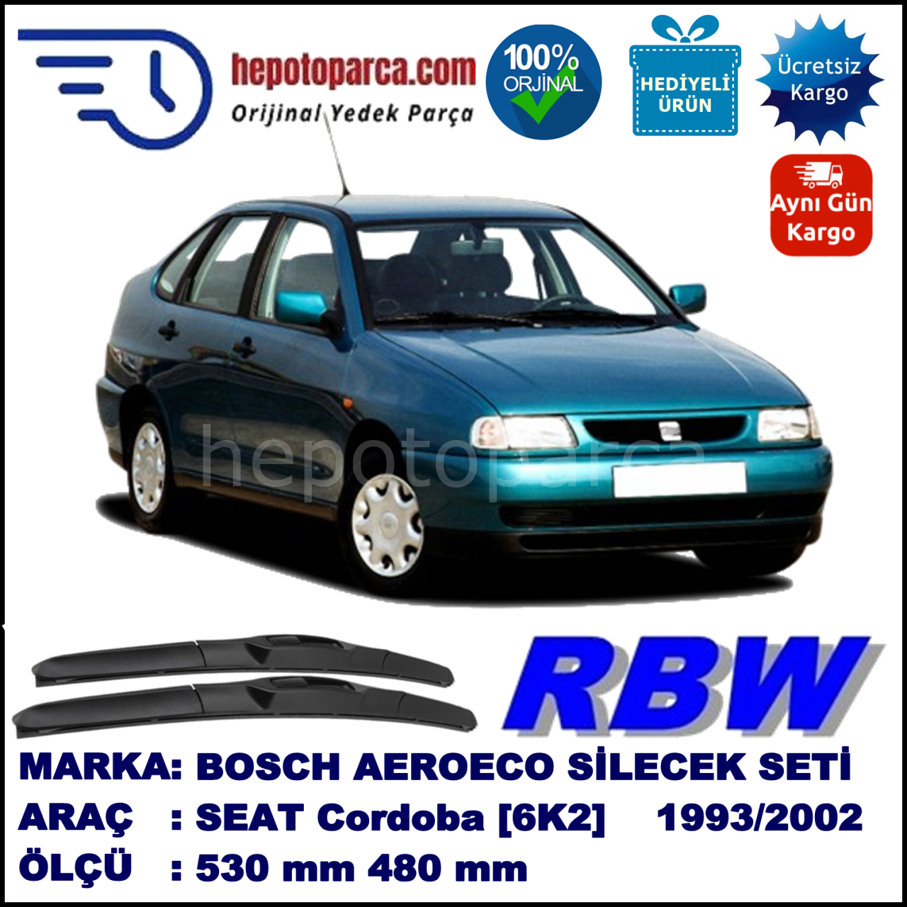 SEAT Cordoba [6K2] 09.93-12.02 530 / 480 mm. RBW Hybrid Silecek Seti. U Kanca Uyumlu Hibrit
