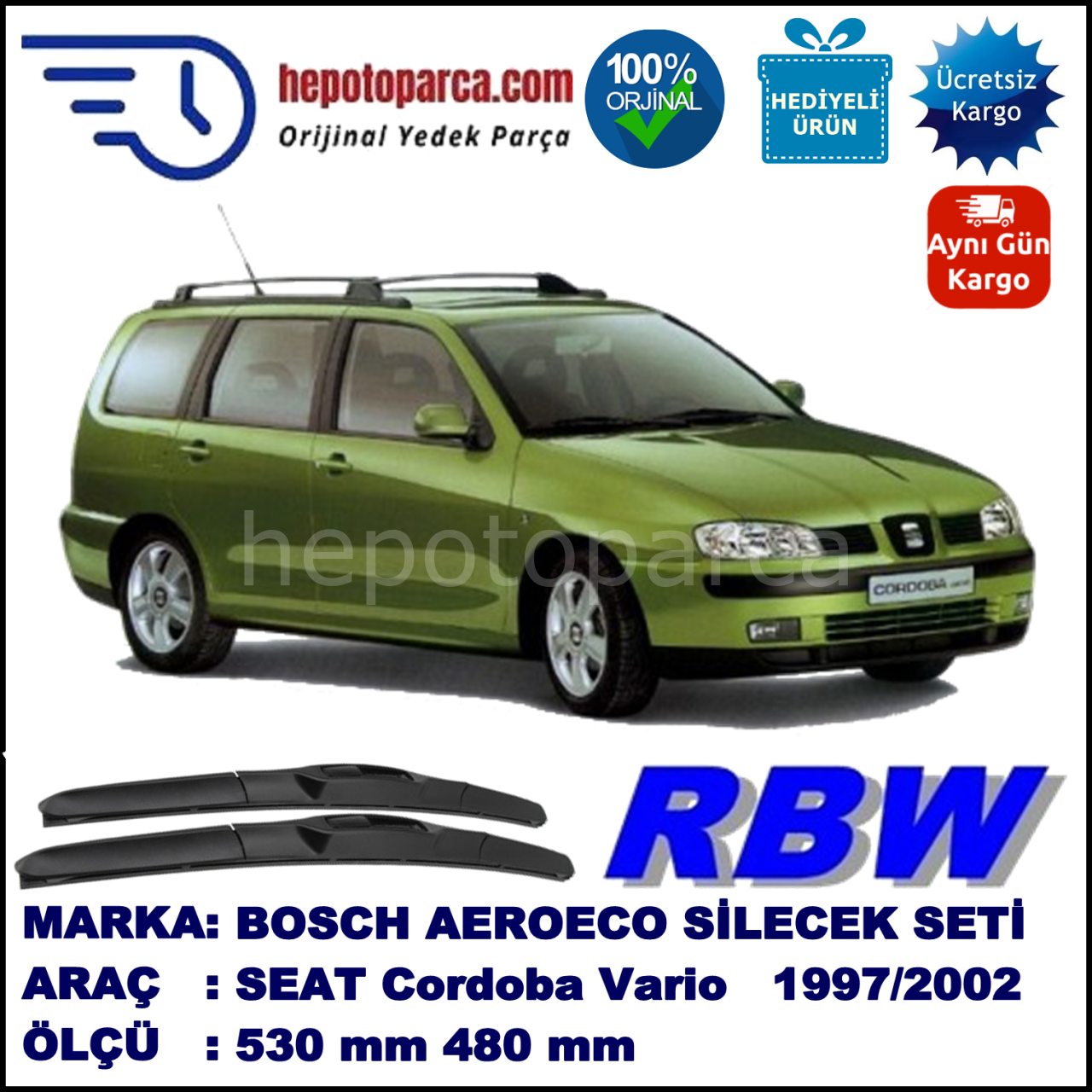 SEAT Cordoba Vario [6K5] 04.97-12.02 530 / 480 mm. RBW Hybrid Silecek Seti. U Kanca Uyumlu Hibrit
