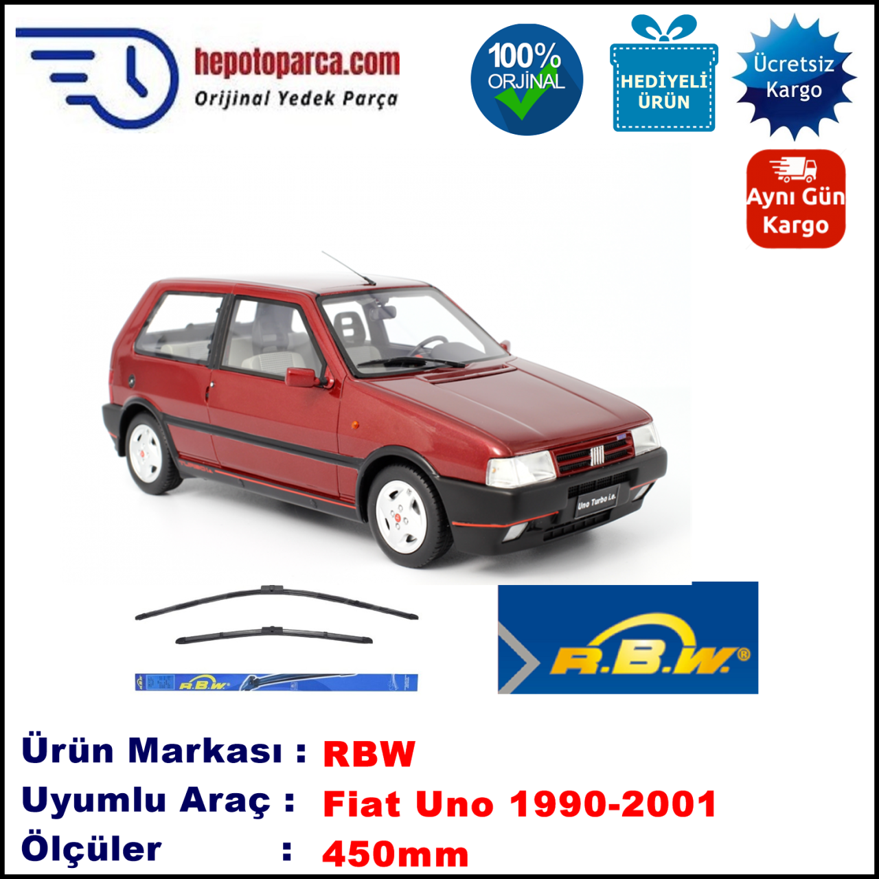 FIAT Uno Van [246..] 09.1989-03.1994, 450 / - mm.  RBW  ADAPTÖRLÜ MUZ SİLECEK SETİ