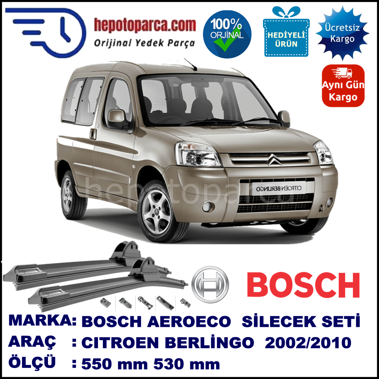 CITROEN Berlingo [M59] 11.2002-03.2010, 550 / 530 mm. BOSCH AEROECO Aparatlı Muz Silecek