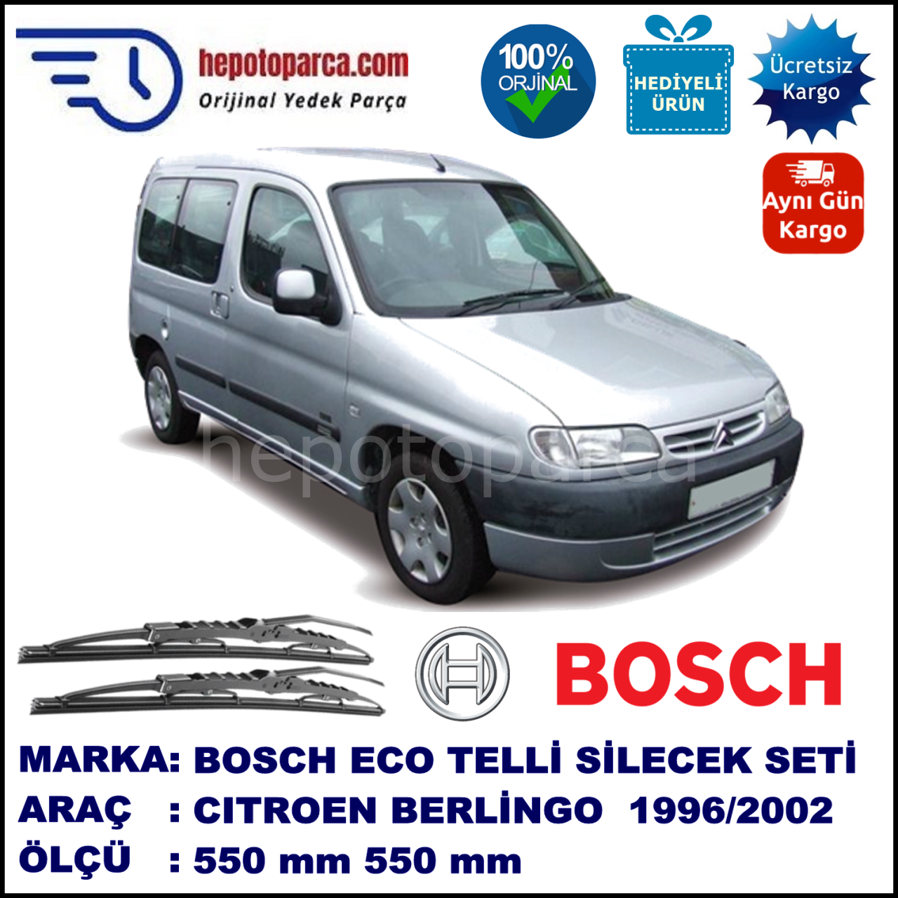 CITROEN Berlingo [M49] 07.1996-11.2002, 550 / 530 mm.  RBW  ADAPTÖRLÜ MUZ SİLECEK SETİ