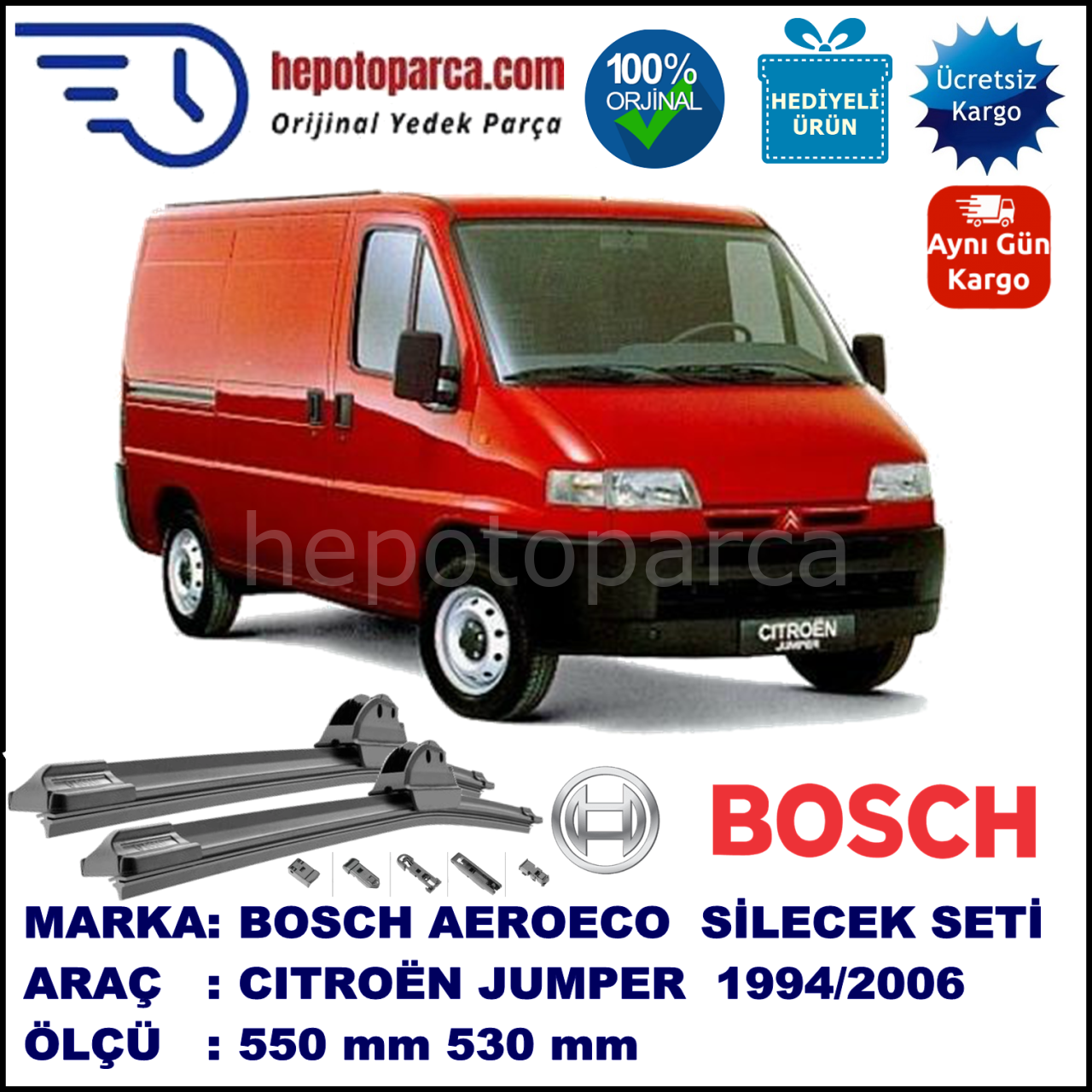 CITROEN Jumper [U5, 23] 02.1994-05.2006, 550 / 530 mm. BOSCH AEROECO Aparatlı Muz Silecek