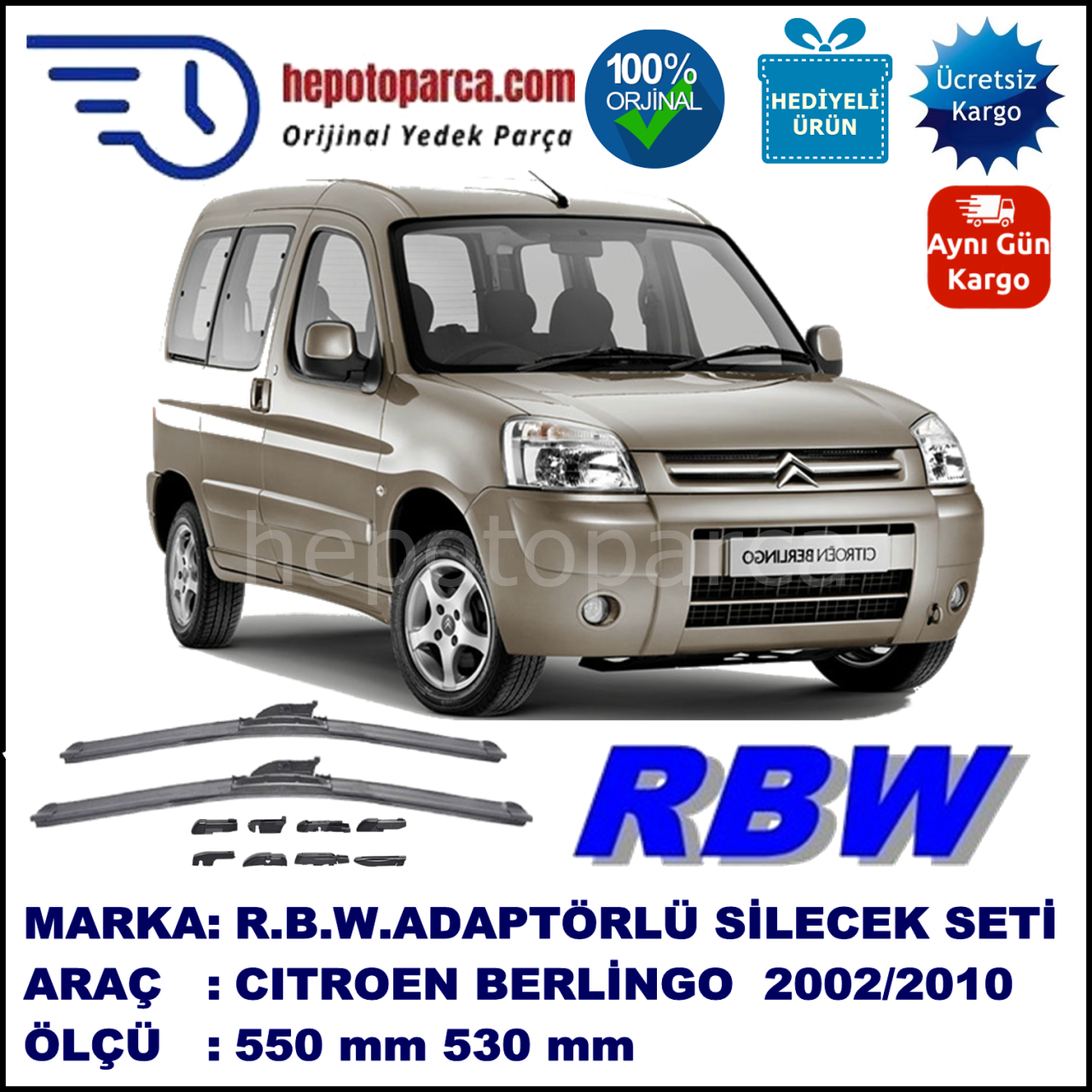 CITROEN Berlingo [M59] 11.2002-03.2010, 550 / 530 mm.  RBW  ADAPTÖRLÜ MUZ SİLECEK SETİ