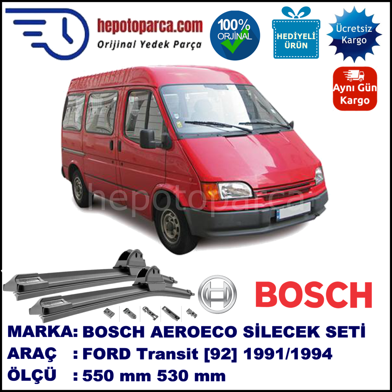 FORD Transit [92] 08.1991-07.1994, 550 / 530 mm. BOSCH AEROECO Aparatlı Muz Silecek