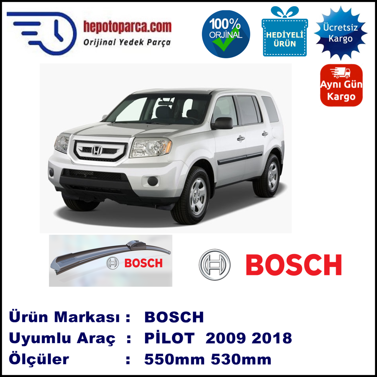 HONDA Pilot [YF] 01.2009-..., 550 / 530 mm. BOSCH AEROECO Aparatlı Muz Silecek