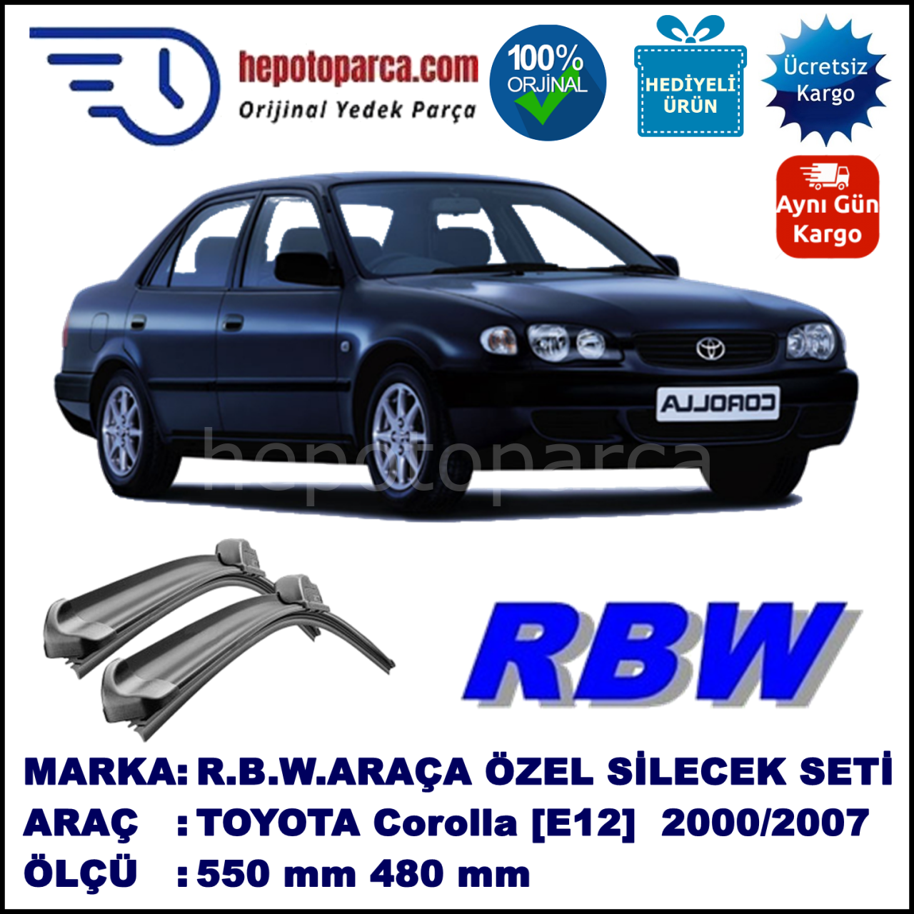 TOYOTA Corolla [E12] 08.00-12.07 550 / 480 mm. RBW Muz Silecek Seti  2'li Takım. U Kanca Uyumludur.