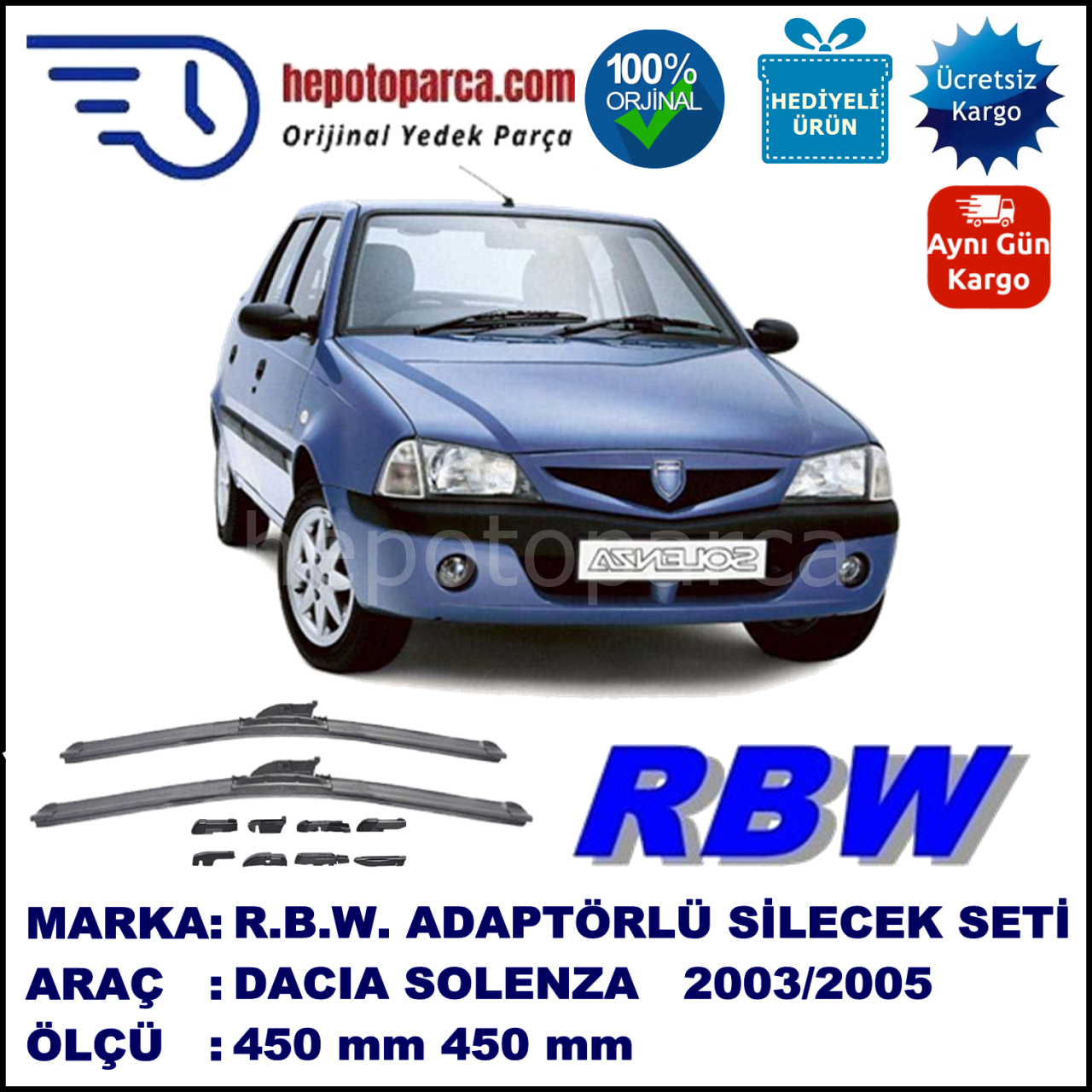 DACIA Solenza  04.2003-04.2005, 450 / 450 mm.  RBW  ADAPTÖRLÜ MUZ SİLECEK SETİ