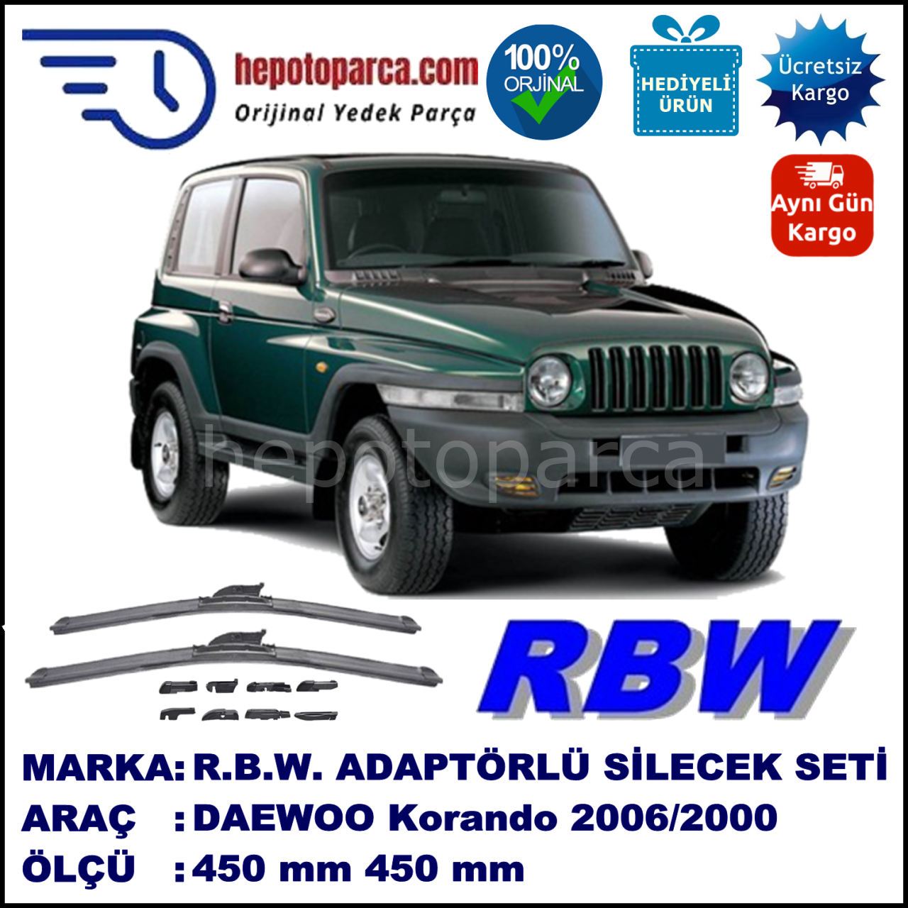DAEWOO Korando [KJ] 07.1996-12.2000, 450 / 450 mm.  RBW  ADAPTÖRLÜ MUZ SİLECEK SETİ