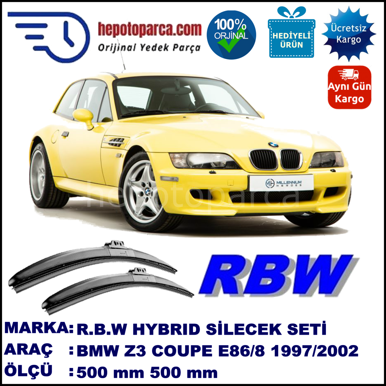 BMW Z3 Coupé [E 36/8] 09.97-06.02 500 / 500 mm. RBW Hybrid Silecek Seti. U Kanca Uyumlu Hibrit
