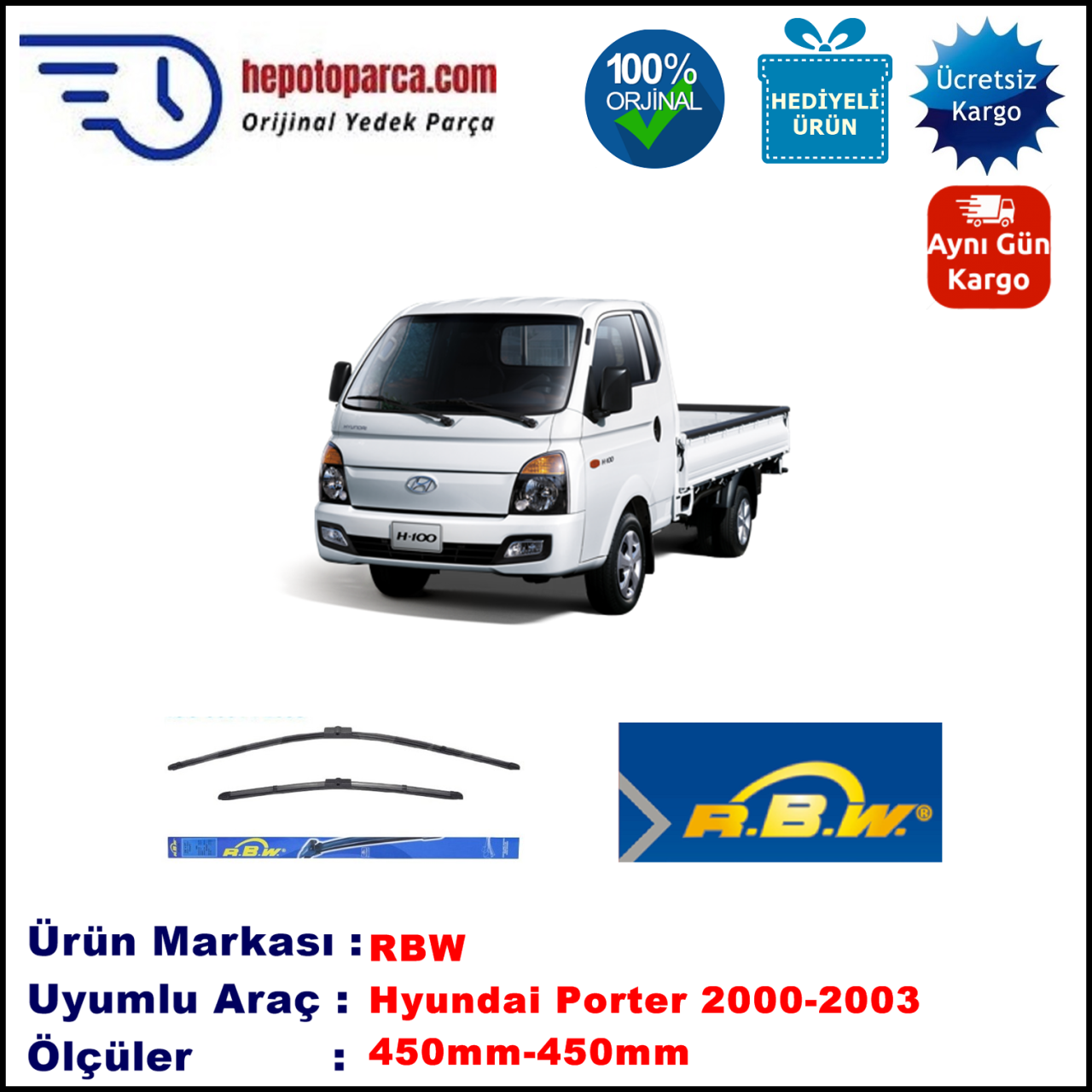 HYUNDAI Porter 507  09.2000-12.2003, 450 / 450 mm.  RBW  ADAPTÖRLÜ MUZ SİLECEK SETİ