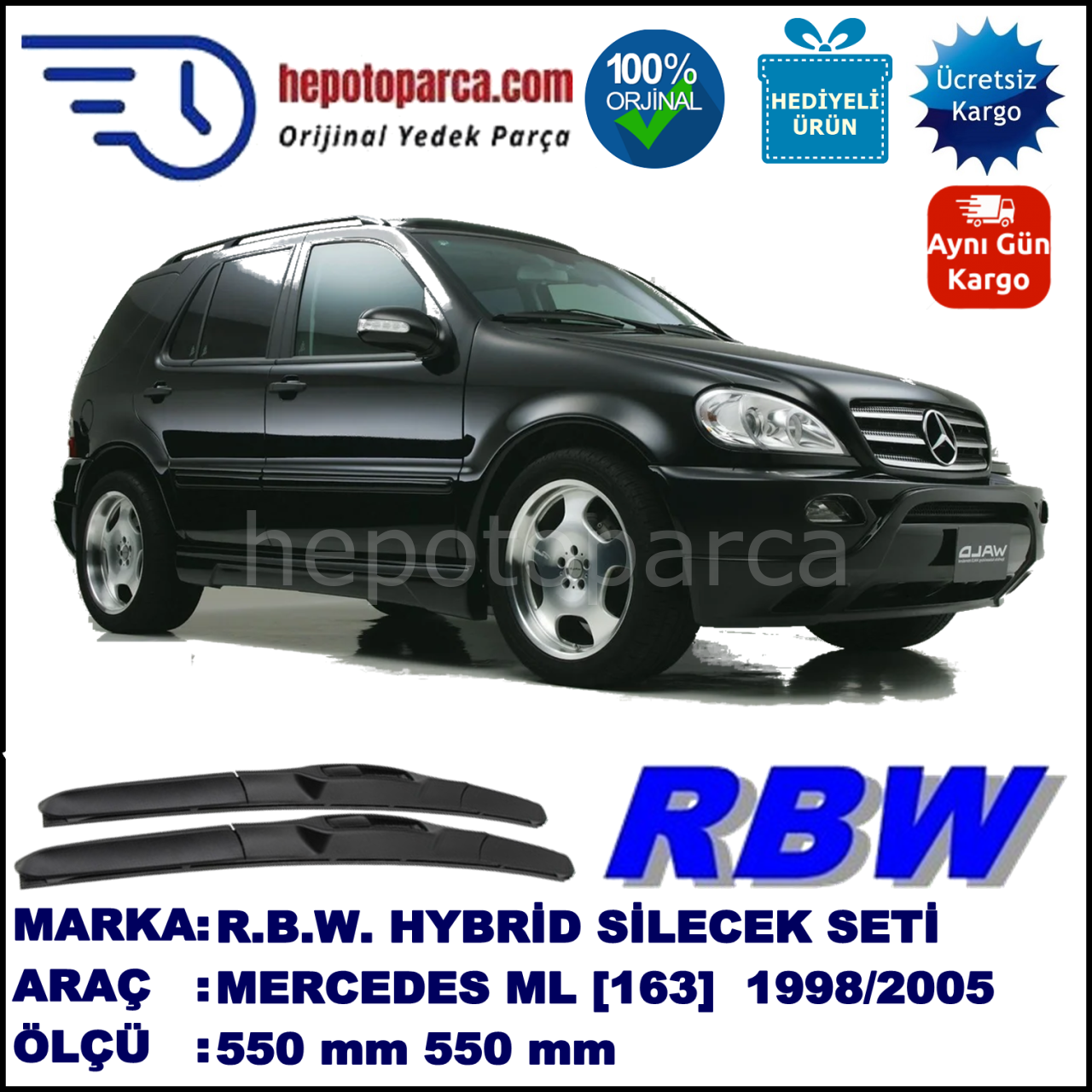 MERCEDES-BENZ Serie ML [163] 03.1998-06.2005, 550 / 530 mm.  RBW  ADAPTÖRLÜ MUZ SİLECEK SETİ