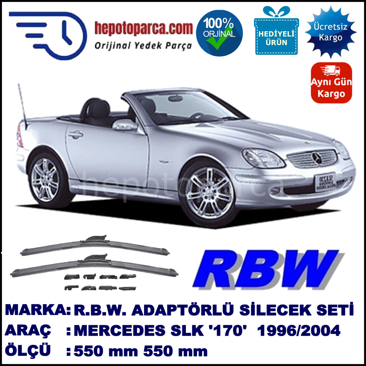 MERCEDES-BENZ Serie SLK [170] 09.1996-03.2004, 550 / 530 mm.  RBW  ADAPTÖRLÜ MUZ SİLECEK SETİ