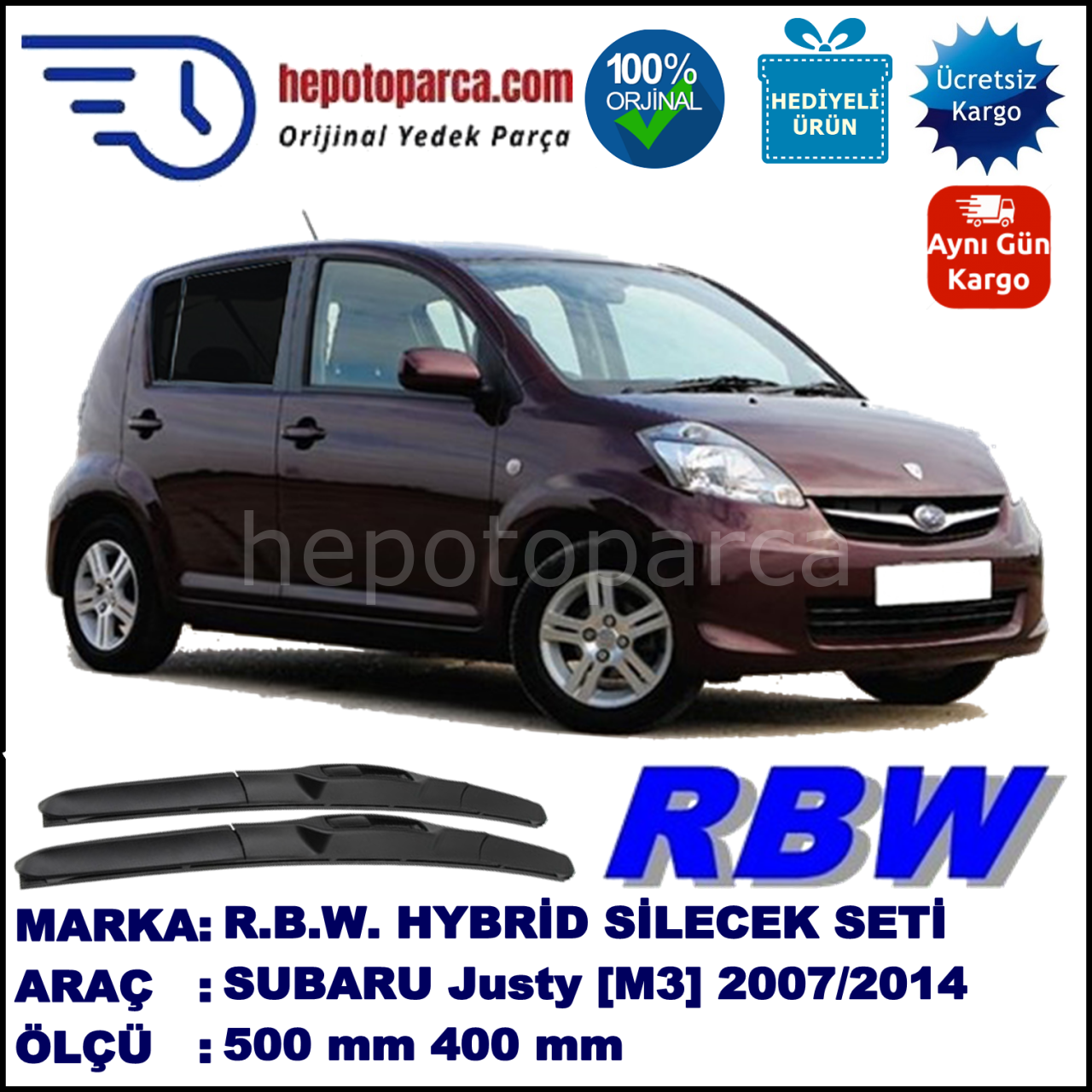 SUBARU Justy [M3] 09.07-12.10 500 / 400 mm. RBW Hybrid Silecek Seti. U Kanca Uyumlu Hibrit