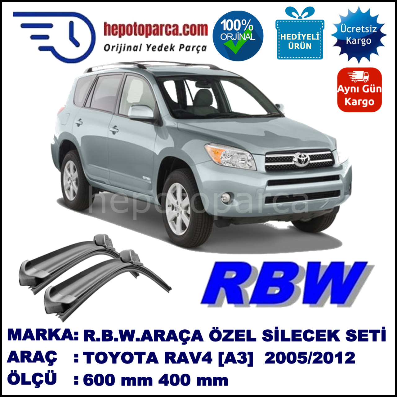 TOYOTA RAV4 [A3] 11.05-... 600 / 400 mm. RBW Muz Silecek Seti  2'li Takım. U Kanca Uyumludur.