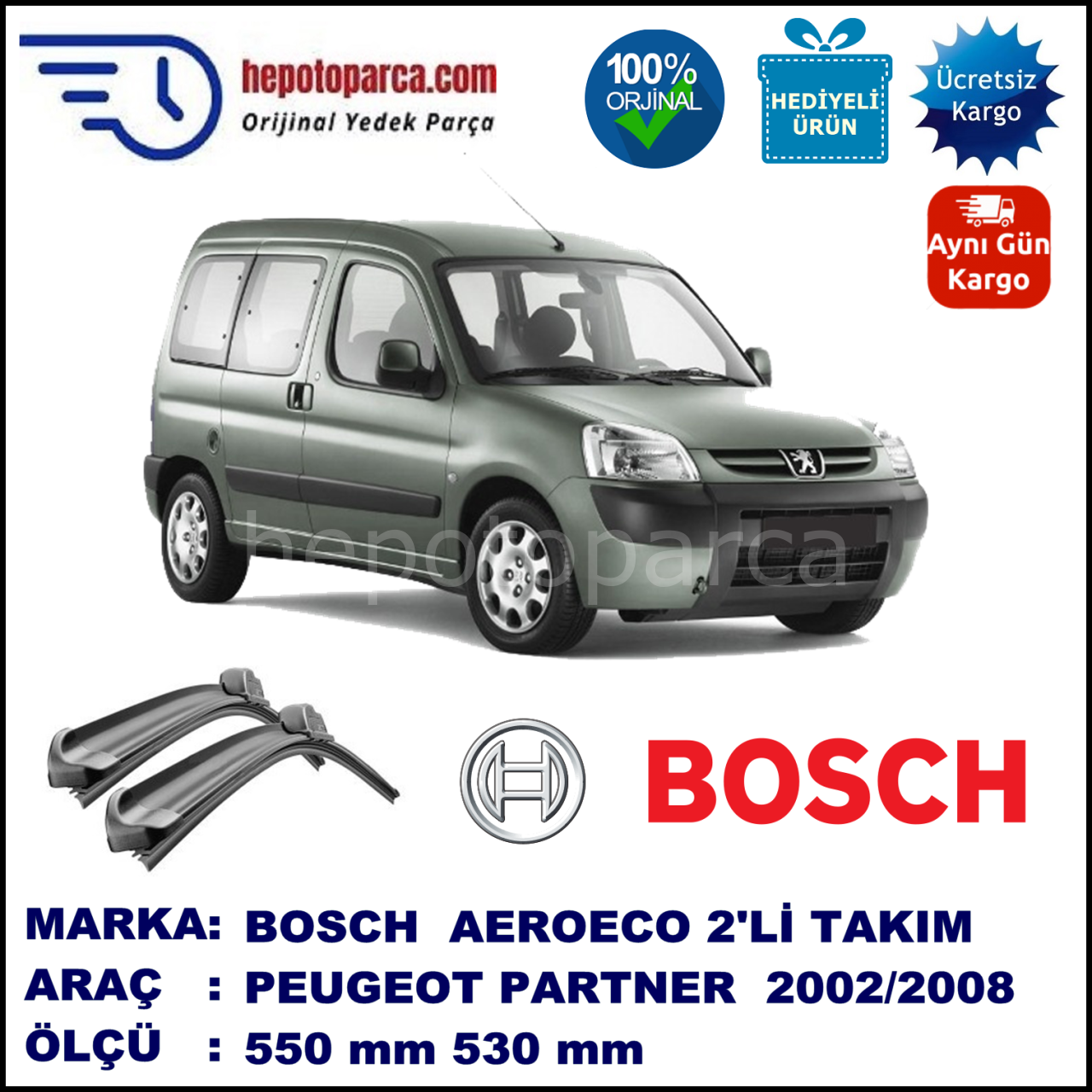 PEUGEOT Partner [M5] 09.2002-04.2008, 550 / 530 mm. BOSCH AEROECO Aparatlı Muz Silecek