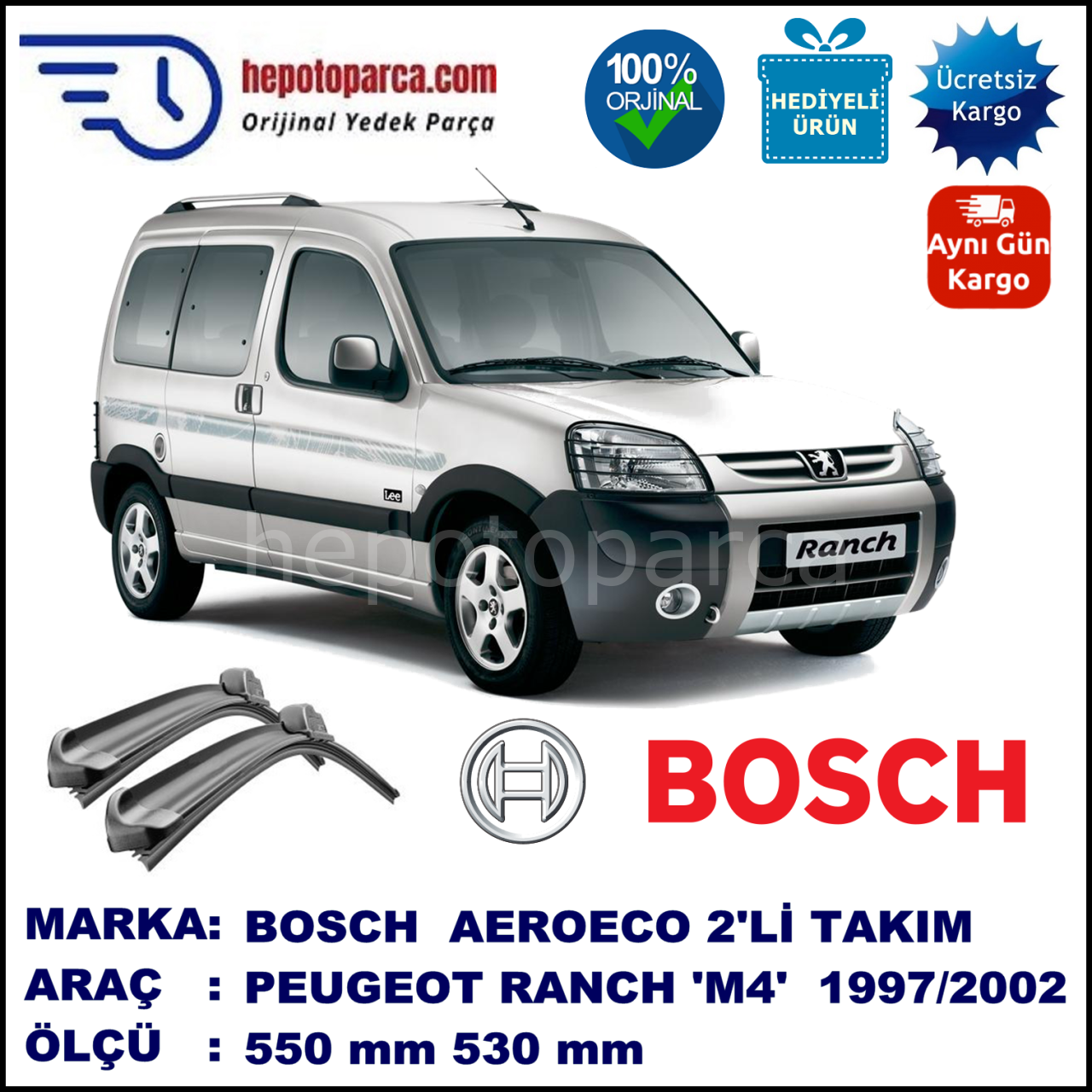 PEUGEOT Ranch [M4] 07.1997-08.2002, 550 / 530 mm. BOSCH AEROECO Aparatlı Muz Silecek