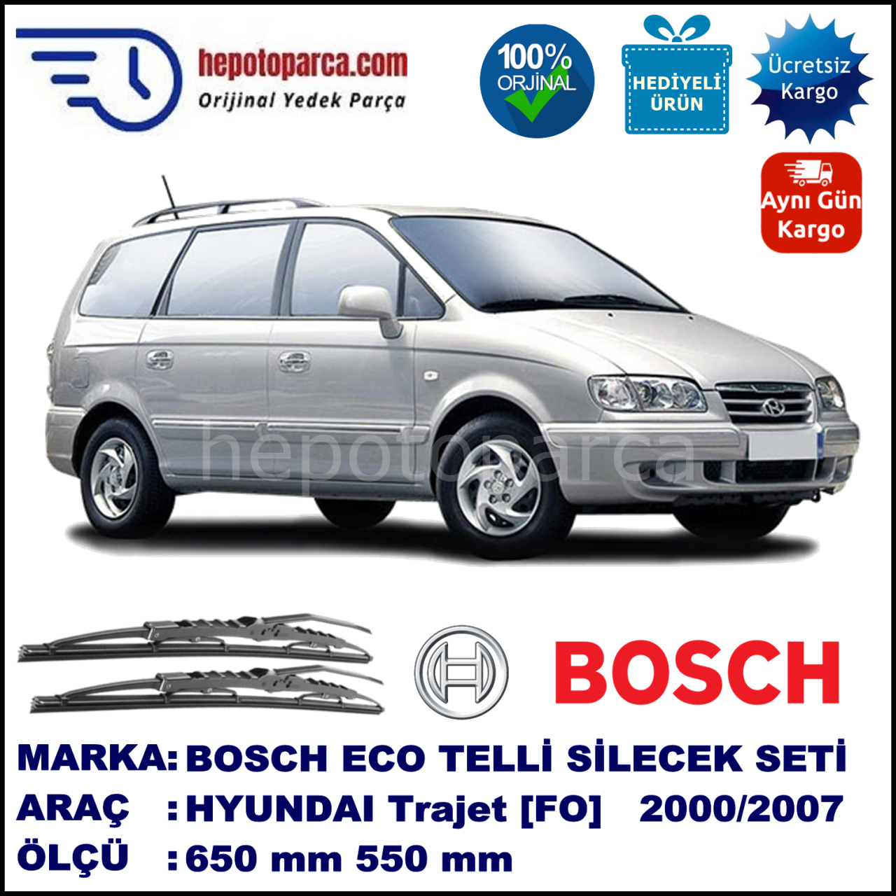 HYUNDAI Trajet [FO] 01.00-06.07 650 / 550 mm. BOSCH ECO Telli Silecek 2'li Takım