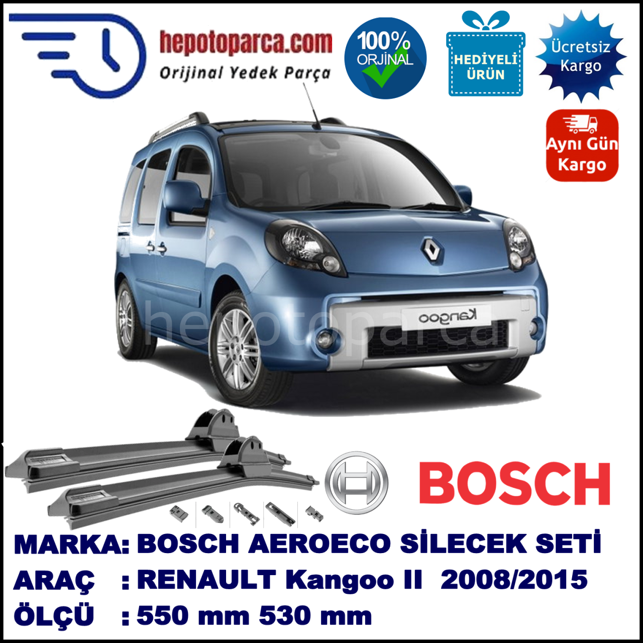 RENAULT Kangoo II [FW./KW.] 01.2008-..., 550 / 530 mm. BOSCH AEROECO Aparatlı Muz Silecek