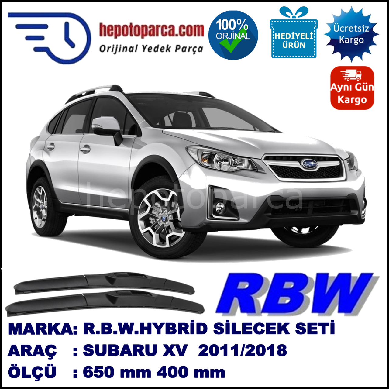 SUBARU XV [G33] 09.11-... 650 / 400 mm. RBW Hybrid Silecek Seti. U Kanca Uyumlu Hibrit