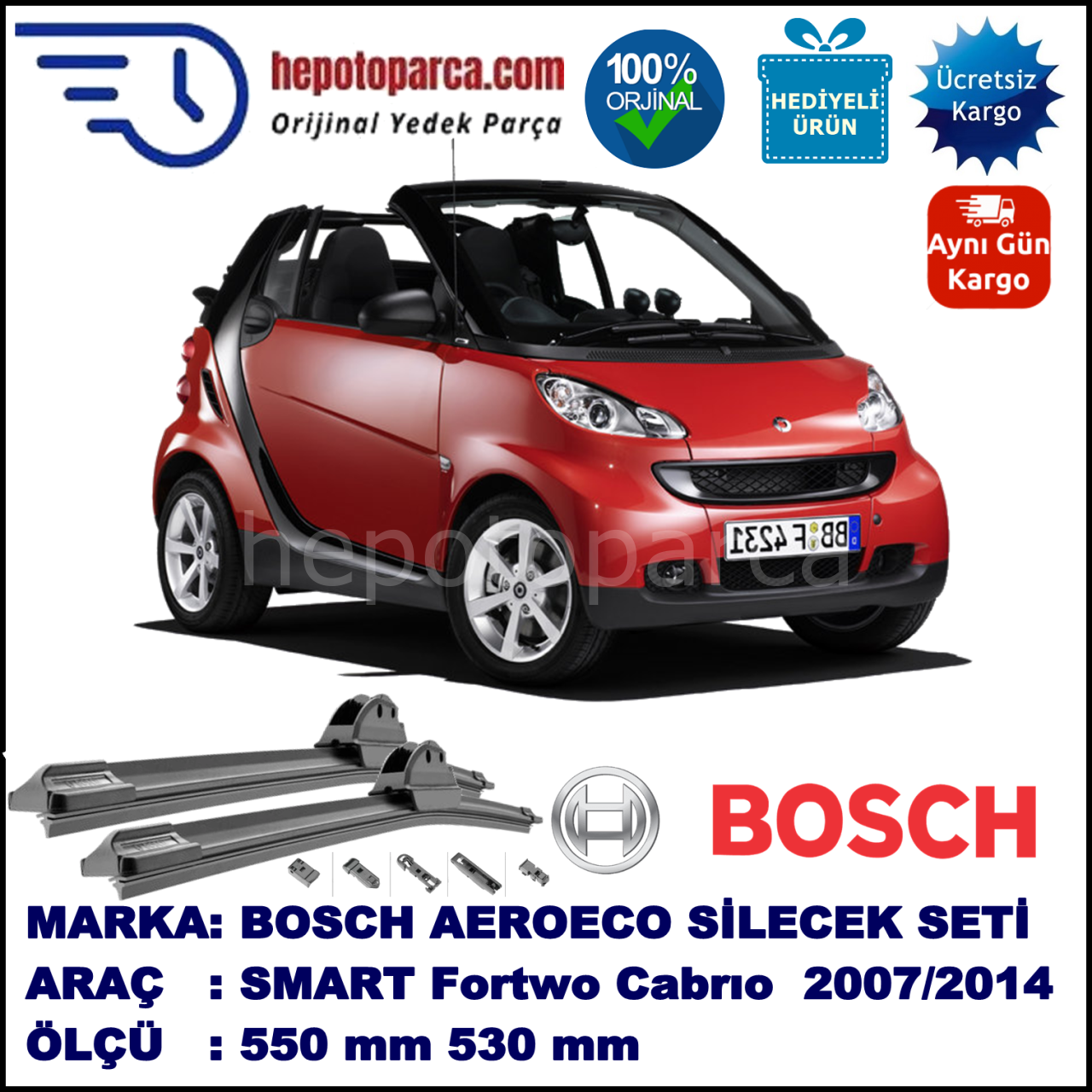 SMART (MCC) Fortwo Cabrio [451] 04.2007-..., 550 / 530 mm. BOSCH AEROECO Aparatlı Muz Silecek