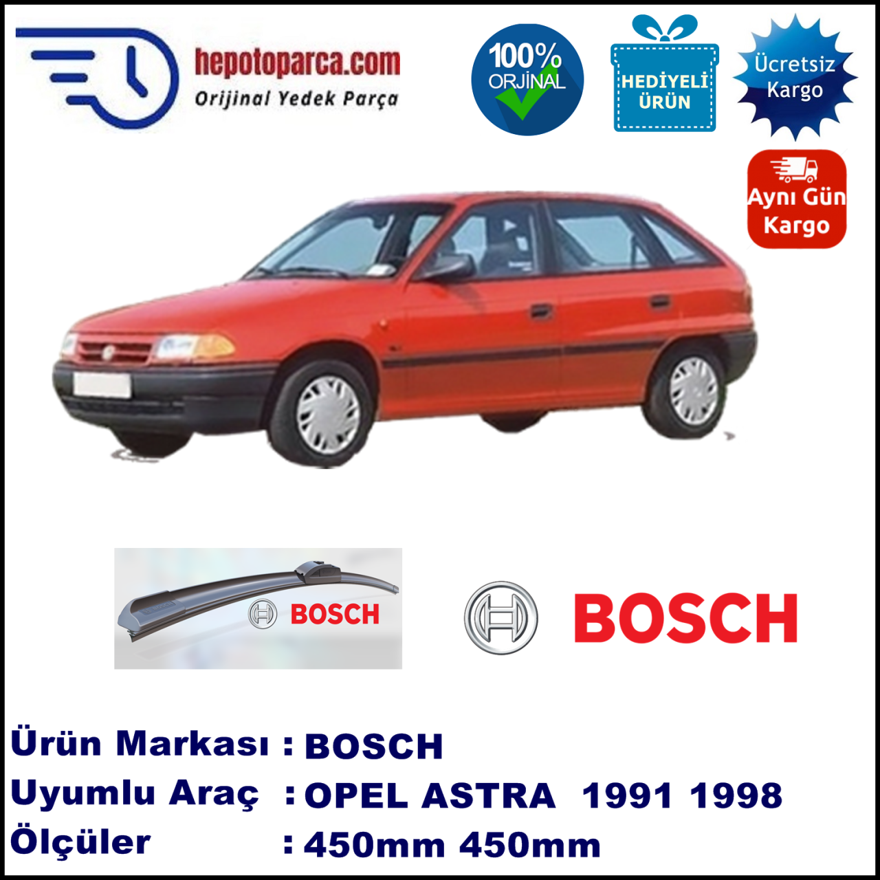 OPEL Astra [F] 09.1991-02.1998, 450 / 450 mm. BOSCH AEROECO Aparatlı Muz Silecek