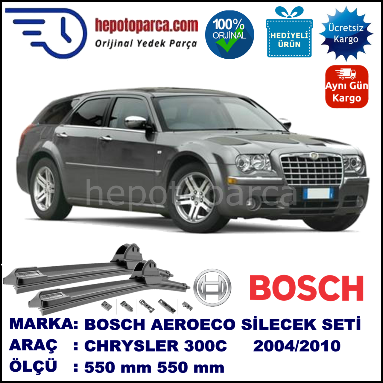 CHRYSLER 300C Touring [LE] 10.2004-08.2010, 550 / 550 mm. BOSCH AEROECO Aparatlı Muz Silecek